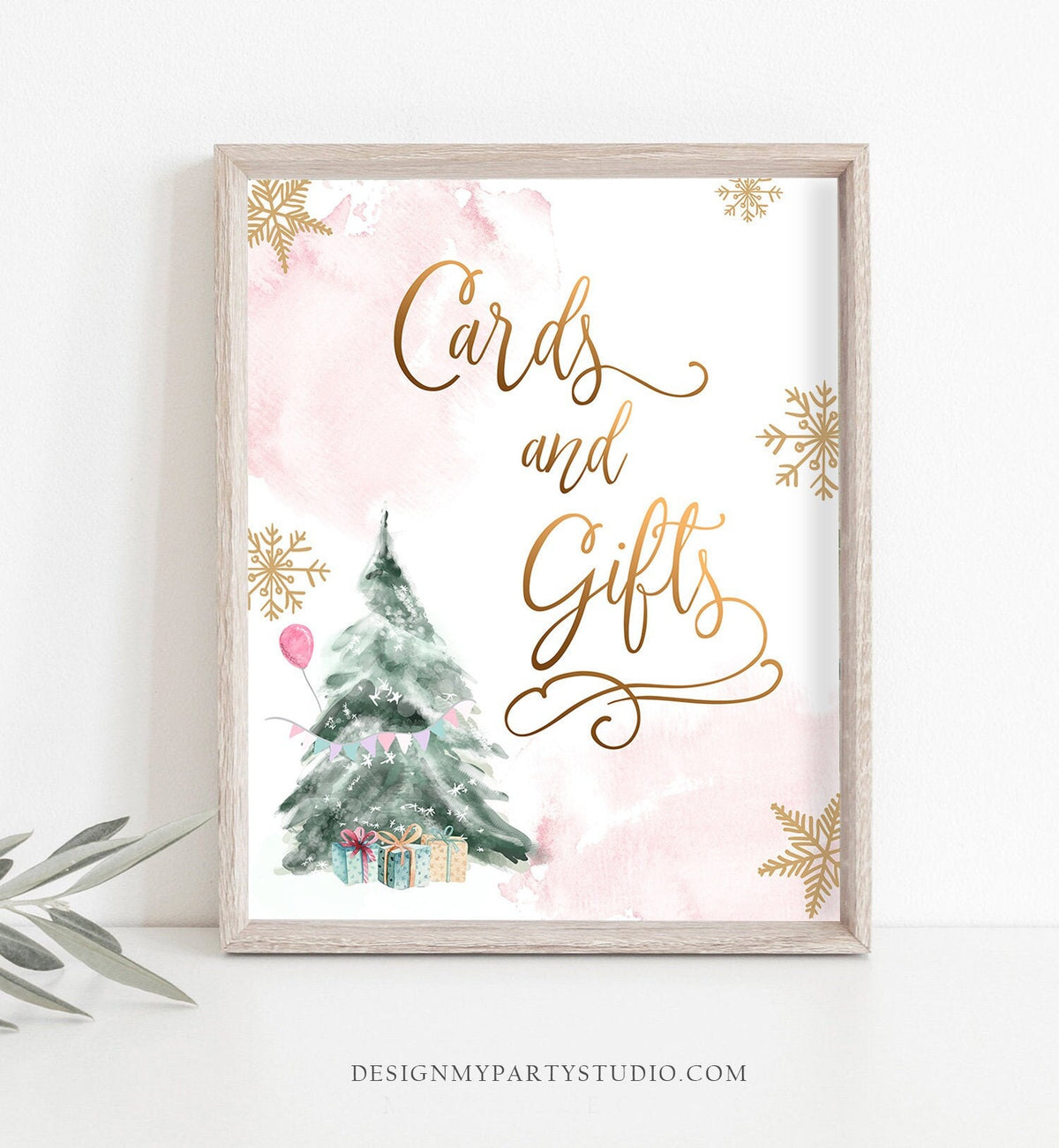 Cards and Gifts Sign Winter Tree Watercolor Snow Girl Pink Birthday Baby Shower Thank You Gifts Table Sign Instant Download Printable 0363