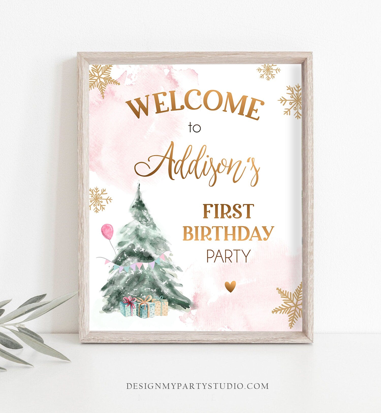 Editable Winter Onederland Welcome Sign Tree Watercolor First Birthday Girl Pink Snowflake Wonderland Corjl Template Printable 0363