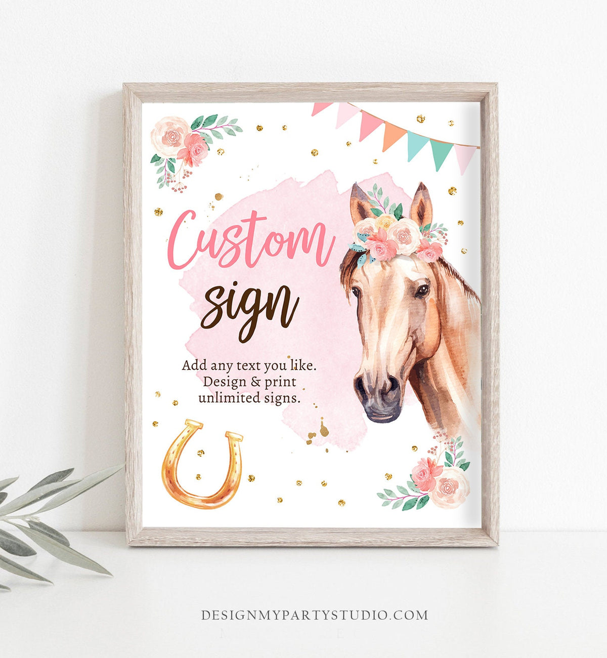 Editable Custom Horse Birthday Party Sign Saddle Up Cowgirl Party Sign Pink Horse Floral Girl Table Sign 8x10 Corjl Template Printable 0398