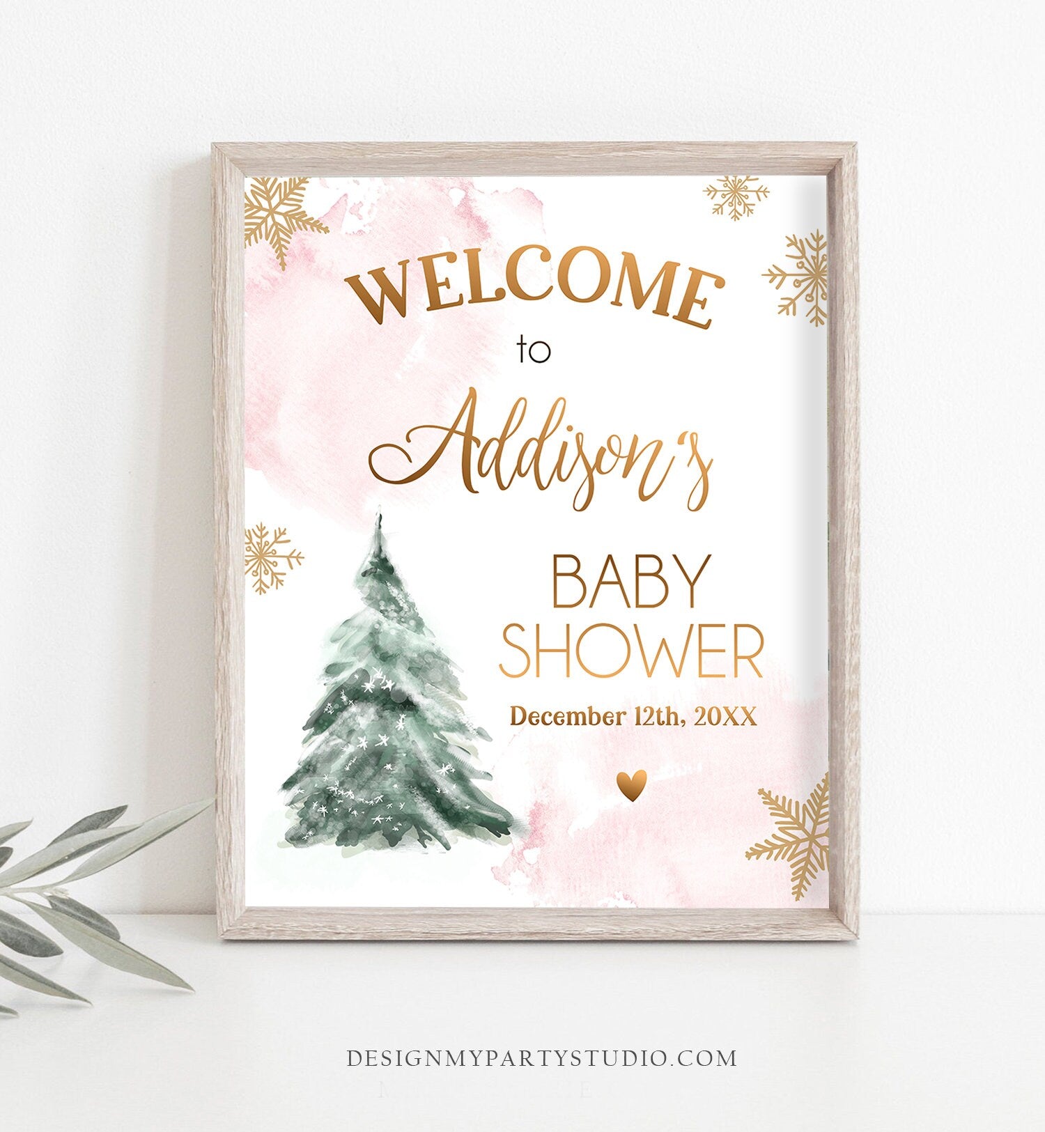 Editable Winter Tree Welcome Sign Tree Watercolor Baby Shower Girl Baby It's Cold Outside Snowflake Pink Gold Corjl Template Printable 0363