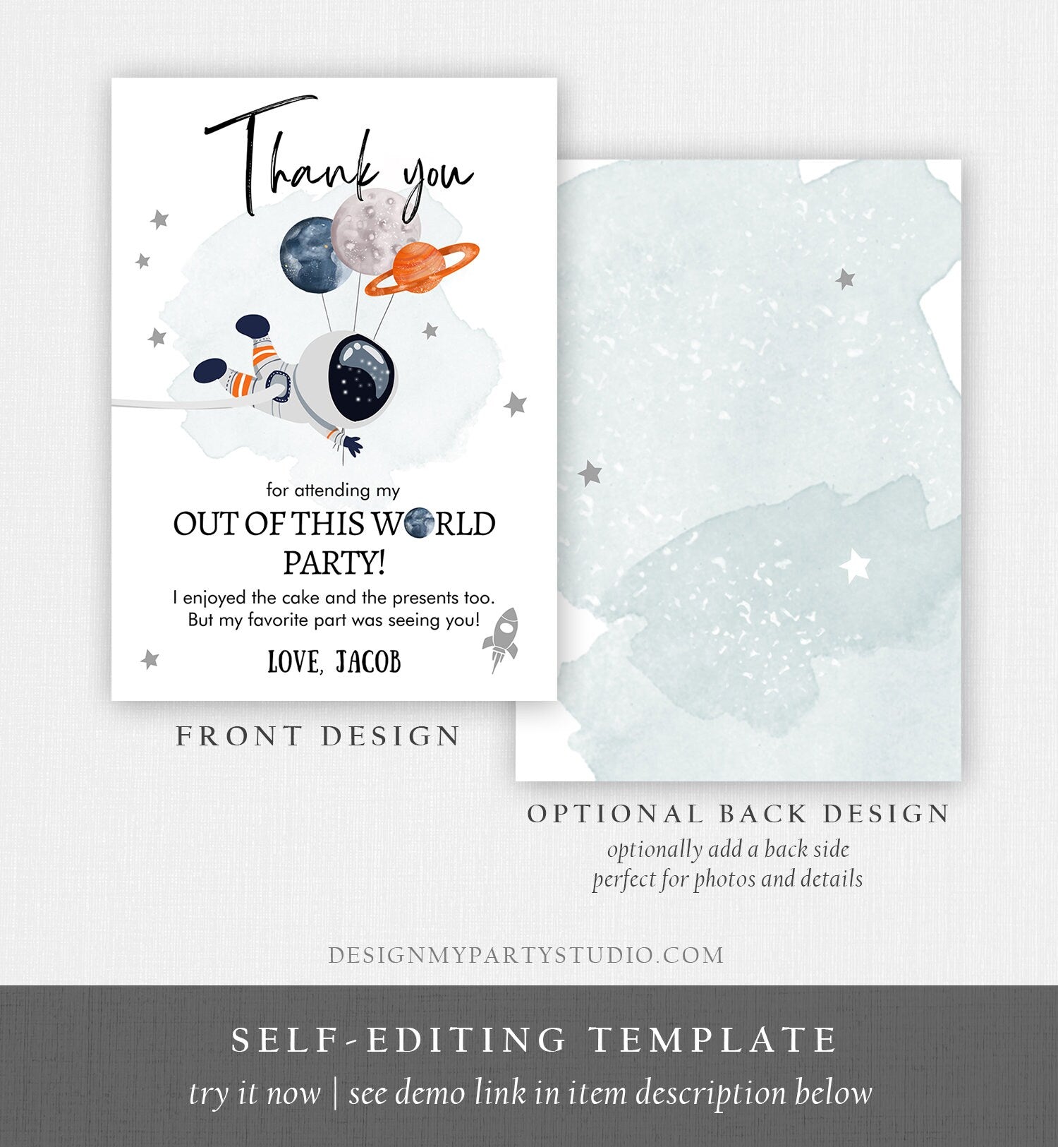 Editable Space Birthday Thank You Card Space Astronaut Thank You Note Planets Boy Orange Digital Download Template Printable 0366