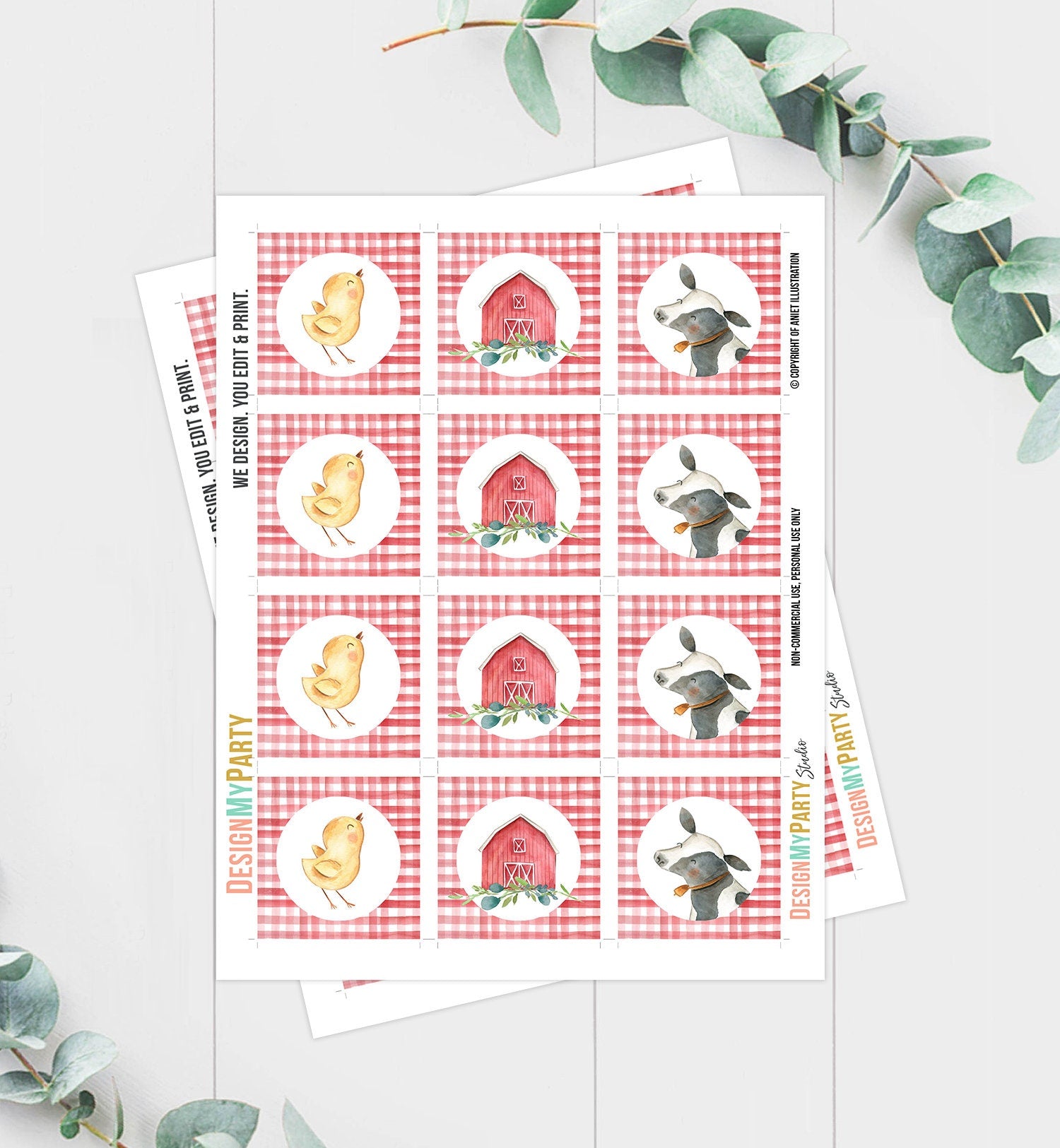 Barnyard Birthday Cupcake Toppers Favor Tags Farm Baby Shower Boy Decoration Red Farm Animals Stickers download Digital PRINTABLE 0155