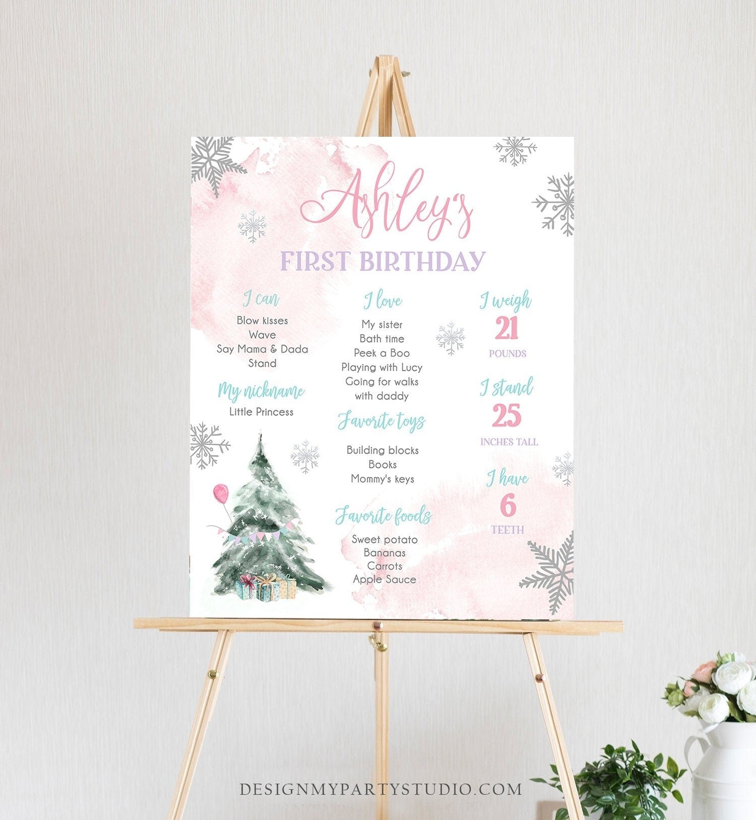 Editable Winter Tree Birthday Milestones Sign Winter Onederland Watercolor First Birthday Girl Pink Snowflakes Corjl Template Printable 0363