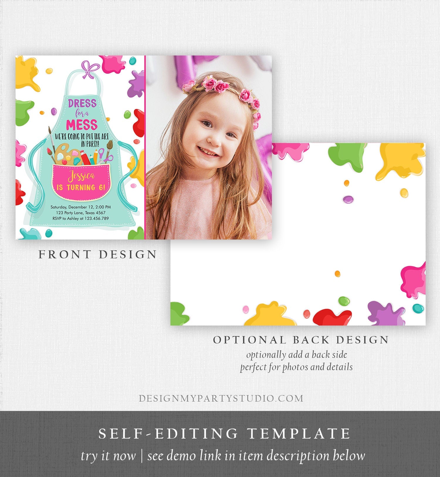 Editable Painting Party Invitation Art Party Birthday Invite Girl Pink Paint Craft Party Download Printable Template Digital Corjl 0319