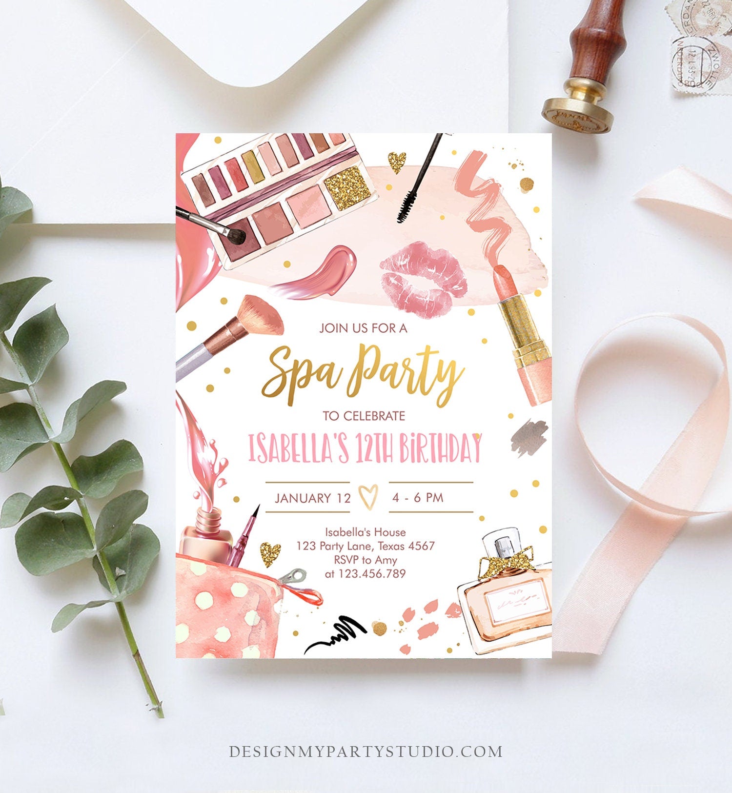 Editable Spa Makeup Birthday Invitation Glam Party Girl Birthday Tween Spa Party Invite Pink Gold Download Printable Template Corjl 0420