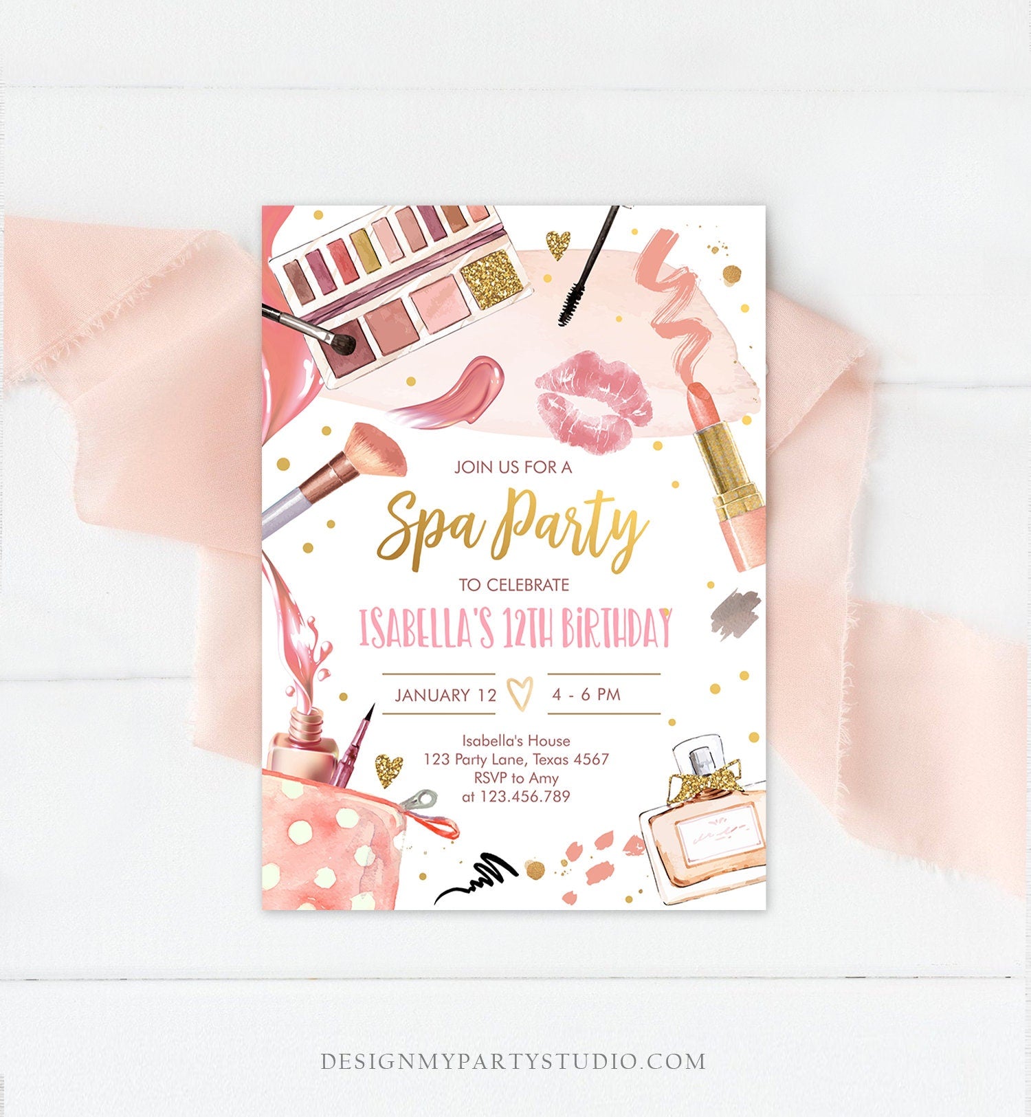 Editable Spa Makeup Birthday Invitation Glam Party Girl Birthday Tween Spa Party Invite Pink Gold Download Printable Template Corjl 0420