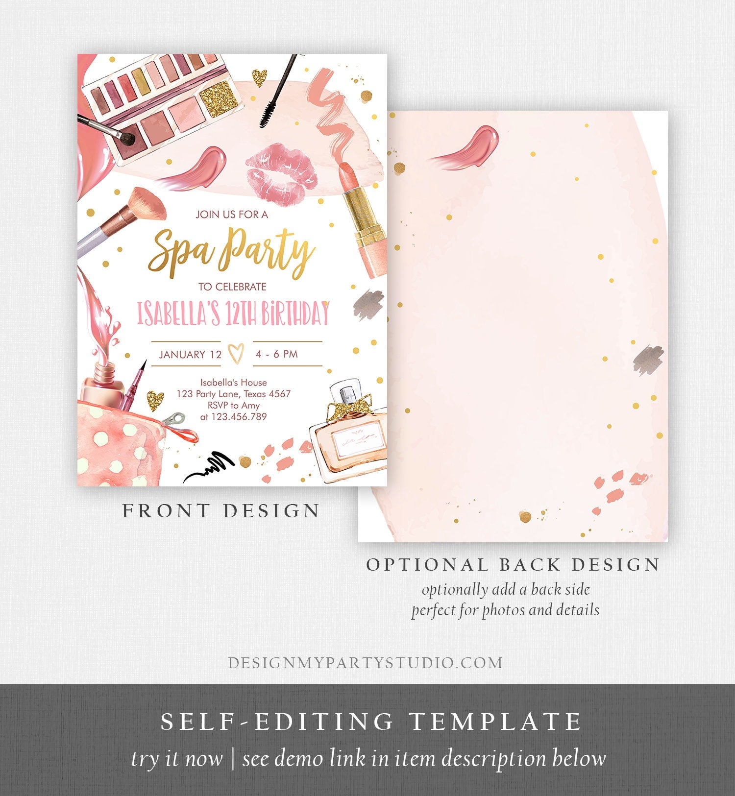 Editable Spa Makeup Birthday Invitation Glam Party Girl Birthday Tween Spa Party Invite Pink Gold Download Printable Template Corjl 0420