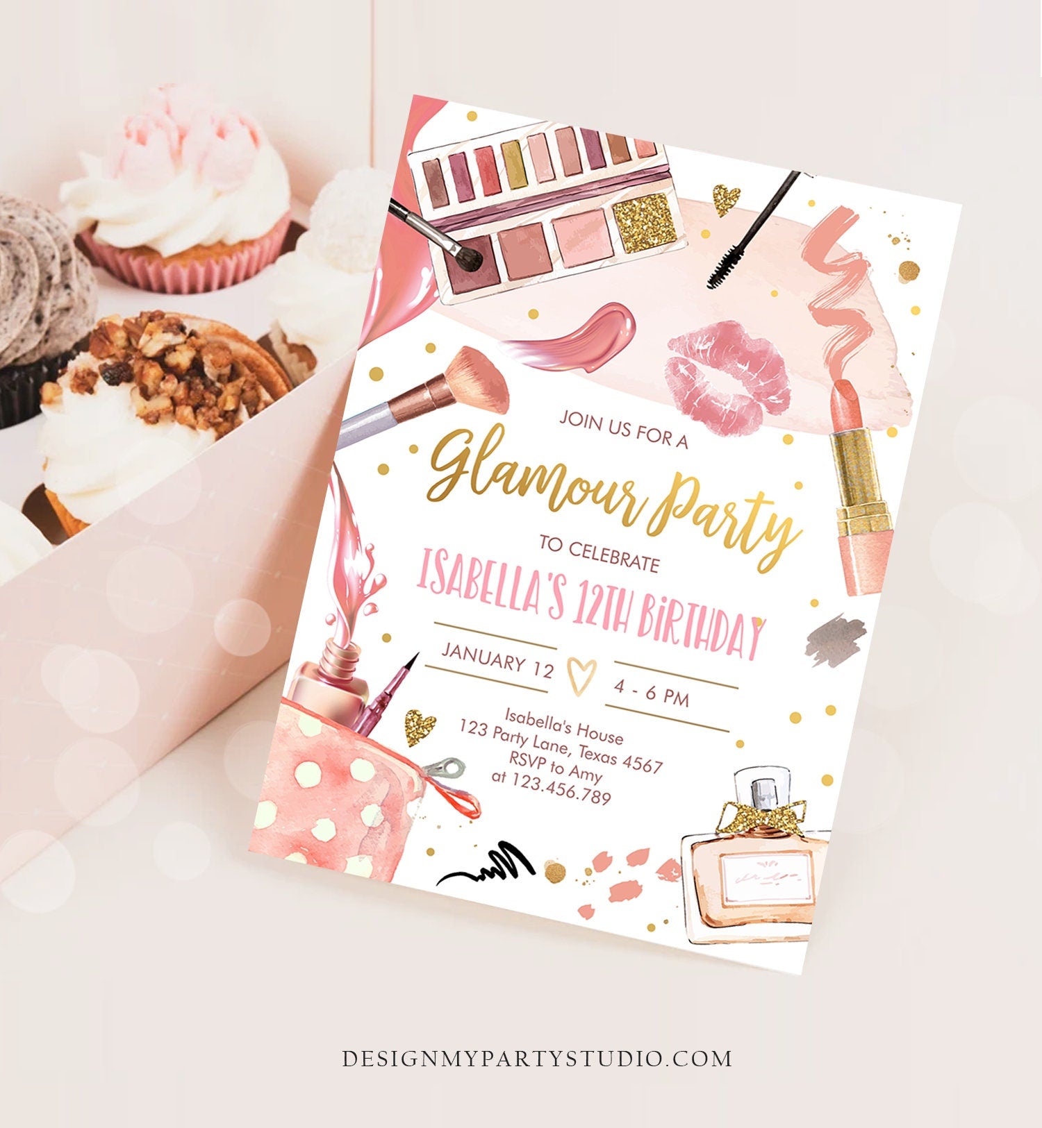 Editable Glamour Birthday Party Glitters Glamour Party Spa Makeup Birthday Invitation Pink Gold Girl Download Printable Template Corjl 0420