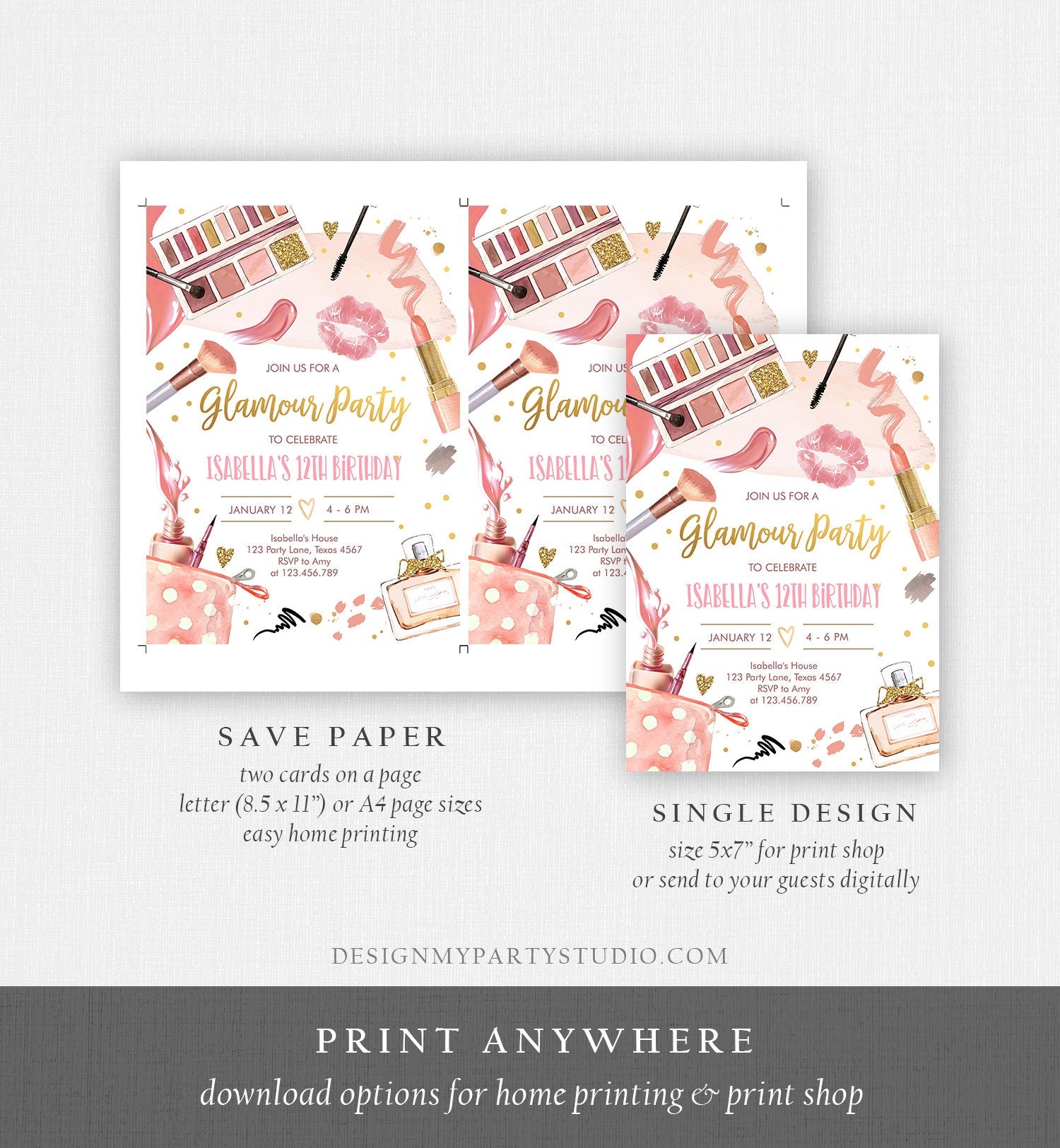 Editable Glamour Birthday Party Glitters Glamour Party Spa Makeup Birthday Invitation Pink Gold Girl Download Printable Template Corjl 0420