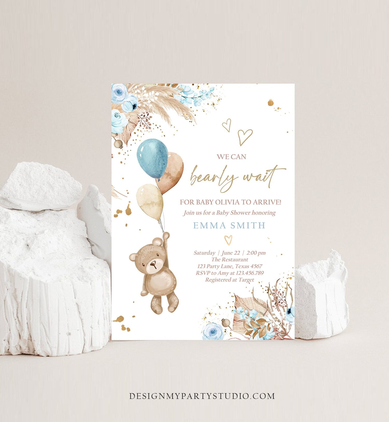 Editable Boho Teddy Bear Baby Shower Invitation We can Bearly Wait Boy Blue Bohemian Pampas Grass Cute Template Instant Download Corjl 0421