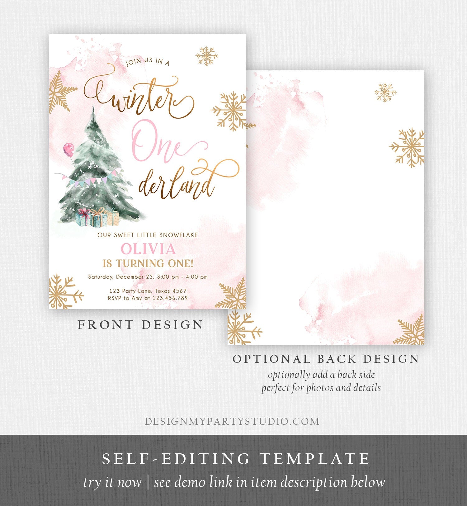 Editable Winter ONEderland Birthday Invitation First Birthday 1st Girl Pink Gold Watercolor Tree Christmas Snowflake Corjl Template 0363