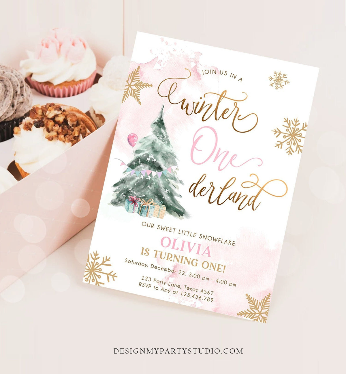 Editable Winter ONEderland Birthday Invitation First Birthday 1st Girl Pink Gold Watercolor Tree Christmas Snowflake Corjl Template 0363