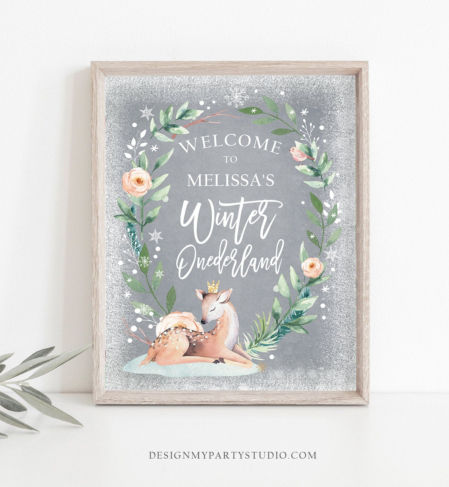 Editable Winter Deer Birthday Welcome Sign Winter Onederland Girl Pink Gold Christmas Snow Party Holiday Sign Template PRINTABLE Corjl 0265