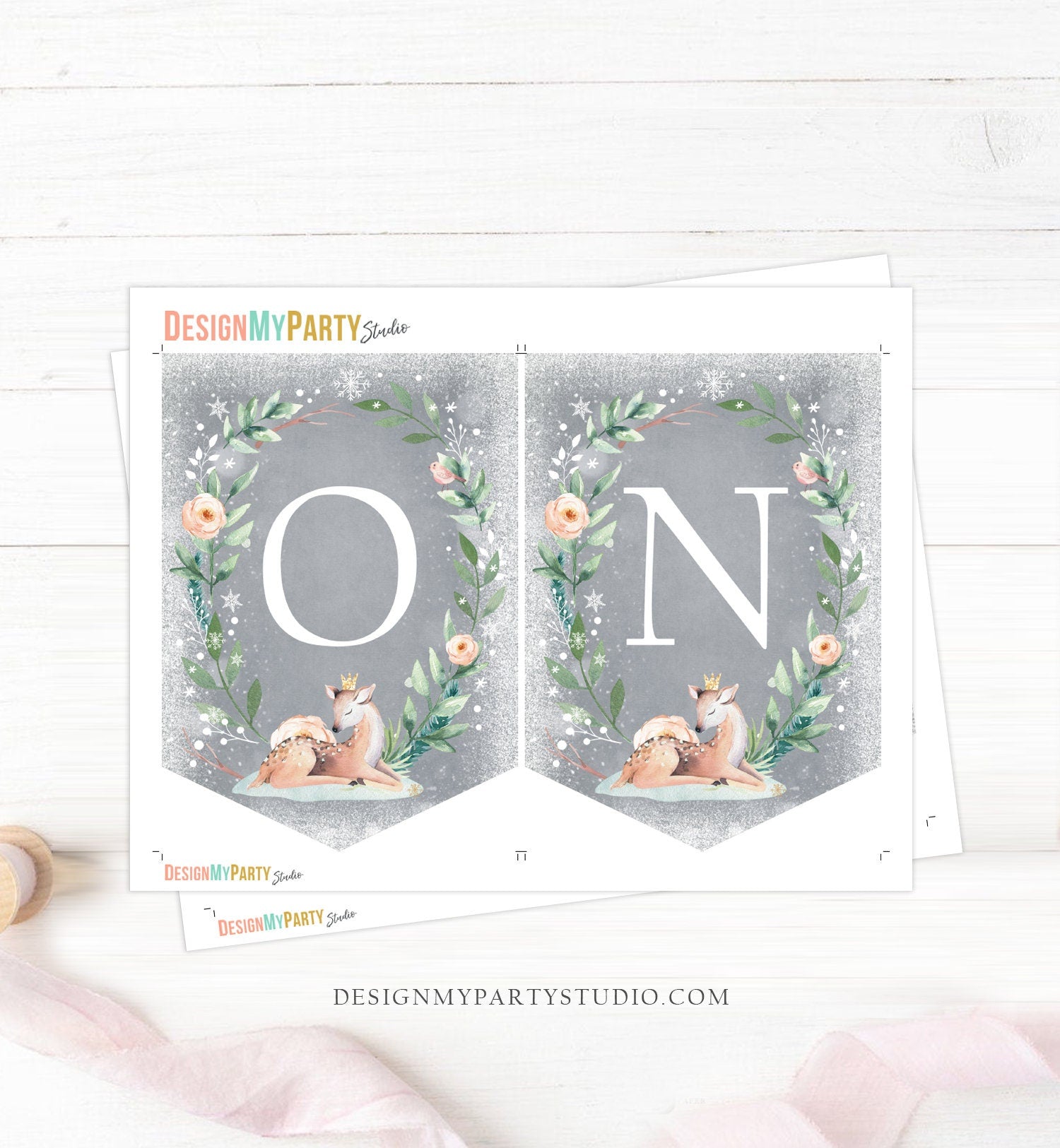 High Chair ONE Banner Winter Onederland Deer Birthday Banner Deer Pink Gold Snow First Birthday 1st Decor Wonderland Download Printable 0265