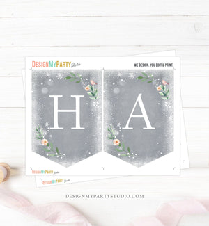 Happy Birthday Banner Winter Onederland Deer Decorations Banner Winter Woodland Girl Pink Gold Floral Instant Download PRINTABLE DIY 0265