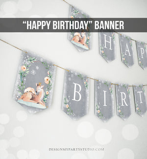 Happy Birthday Banner Winter Onederland Deer Decorations Banner Winter Woodland Girl Pink Gold Floral Instant Download PRINTABLE DIY 0265