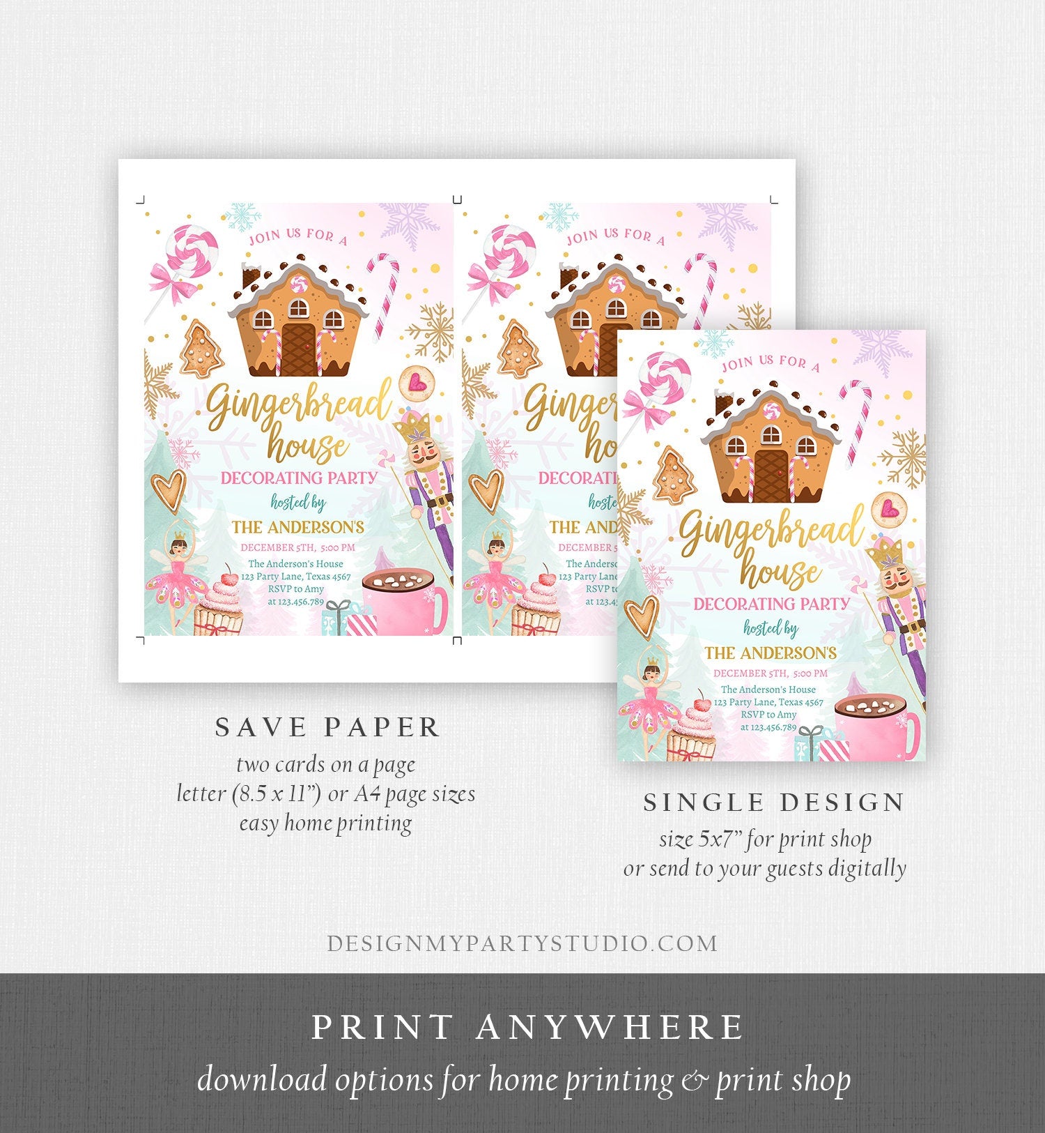 Editable Gingerbread House Decorating Party Invitation Land of Sweets Pink Gold Cookie Decorating Download Printable Template Corjl 0352