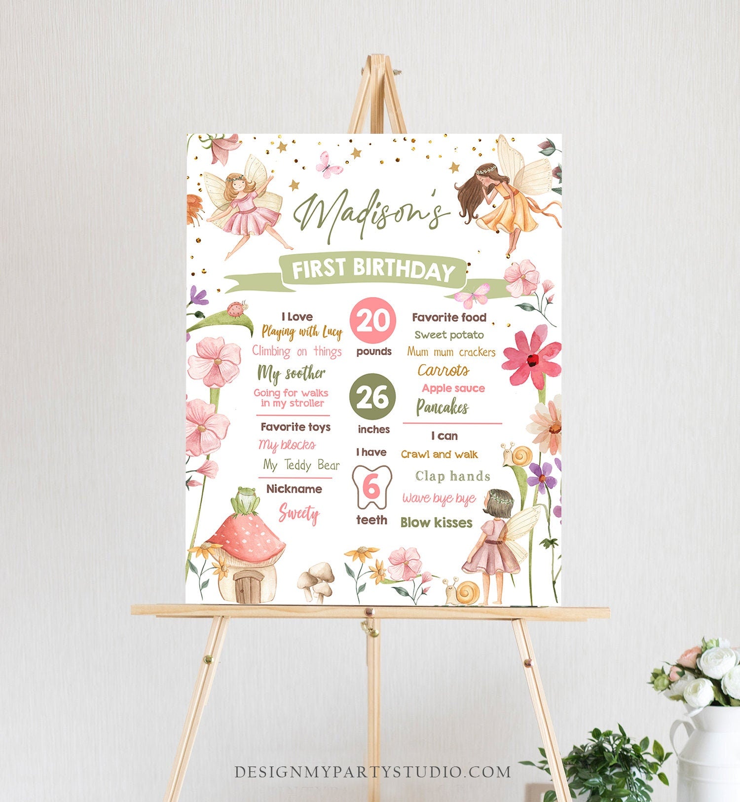 Editable Fairy Birthday Milestones Sign Fairy Tea Party Girl Birthday Garden Party Fairy First Birthday Stats Template Printable Corjl 0406