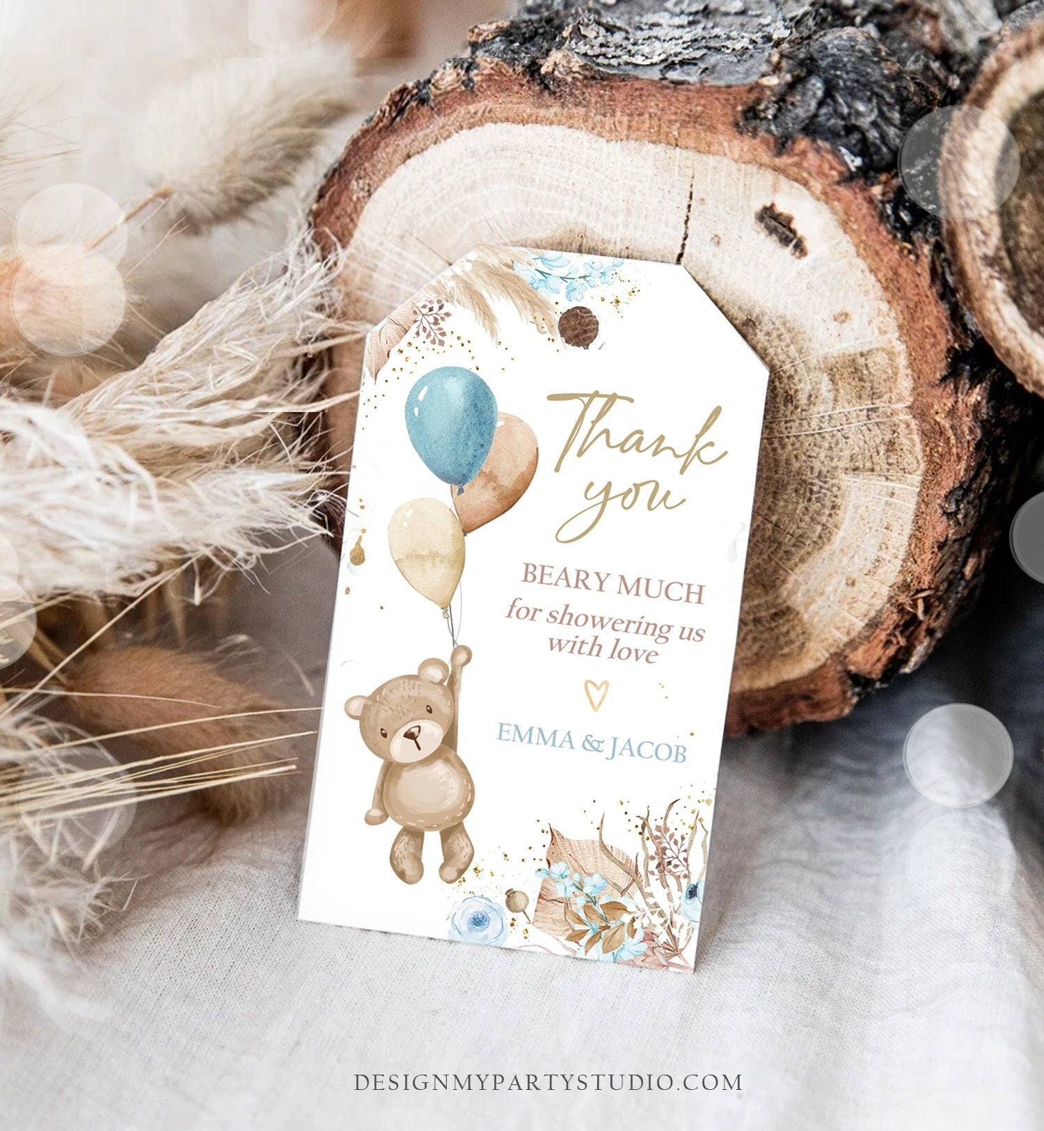 Editable Boho Teddy Bear Favor Tags Thank You Beary Much Tag Bearly Wait Baby Shower Bear Label Boy Pampas Template Corjl PRINTABLE 0421