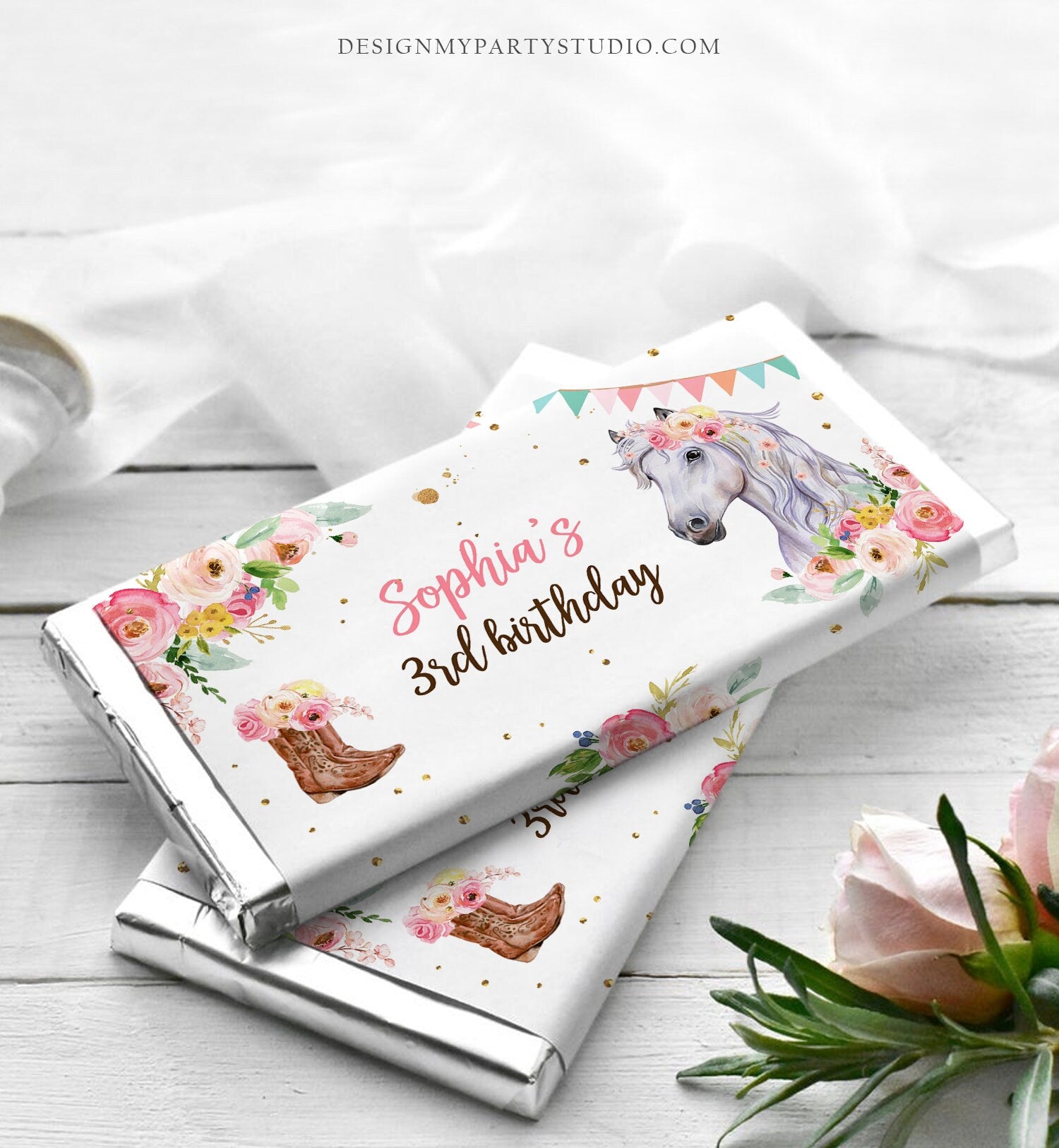 Editable Horse Chocolate Bar Labels Candy Bar Wrapper Horse Birthday Cowgirl Floral Girl Saddle Up Download Corjl Template Printable 0408