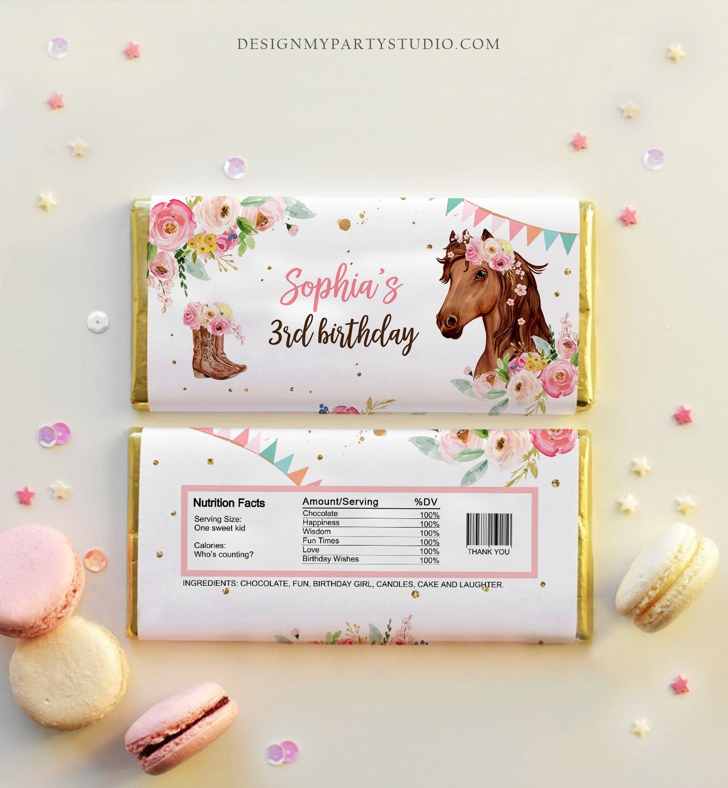 Editable Horse Chocolate Bar Labels Candy Bar Wrapper Horse Birthday Cowgirl Floral Girl Saddle Up Download Corjl Template Printable 0408