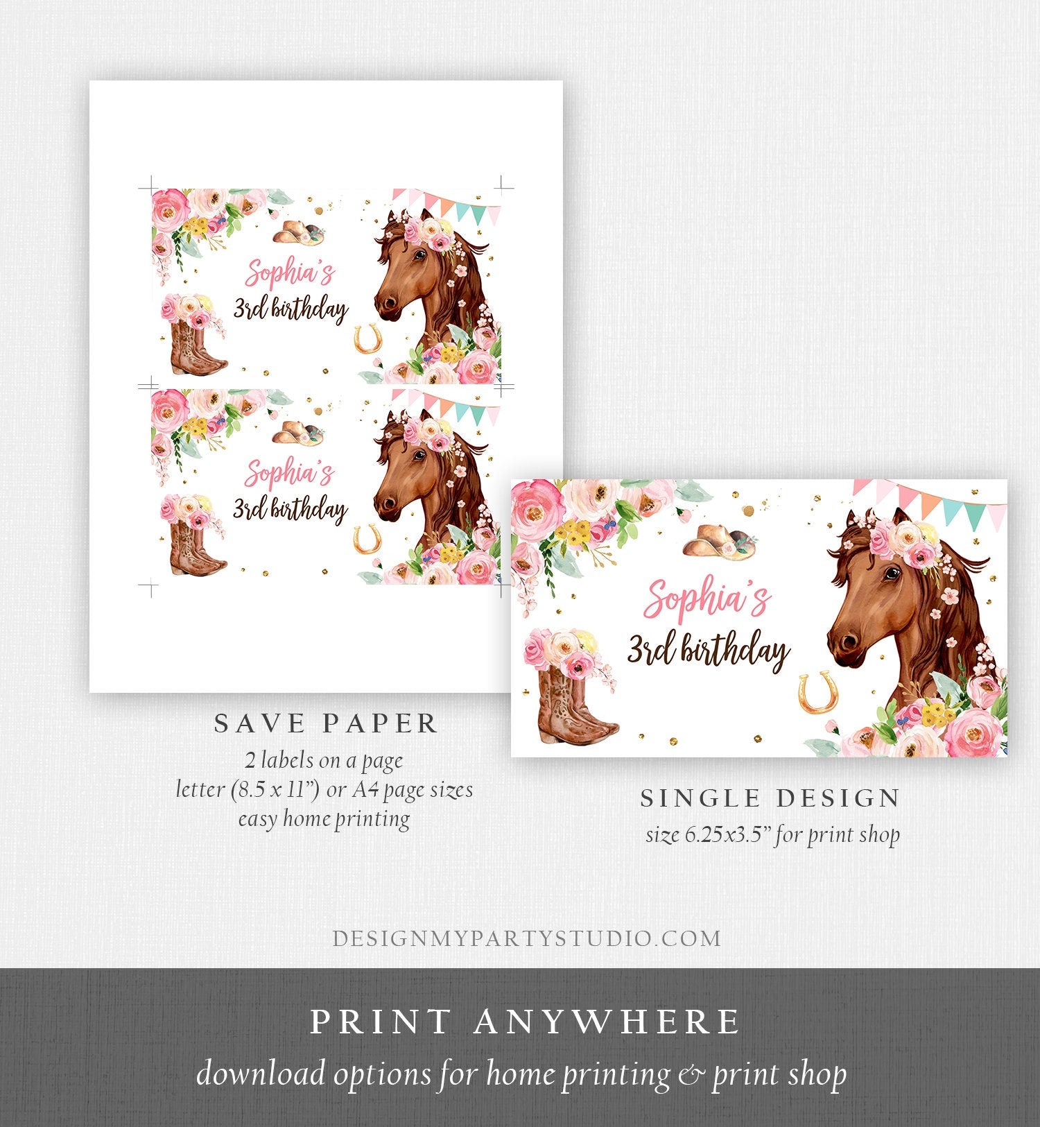 Editable Horse Birthday Gable Gift Box Label Cowgirl Birthday Favors Girl Treat Box Label Pony Party Floral Digital Download Printable 0408