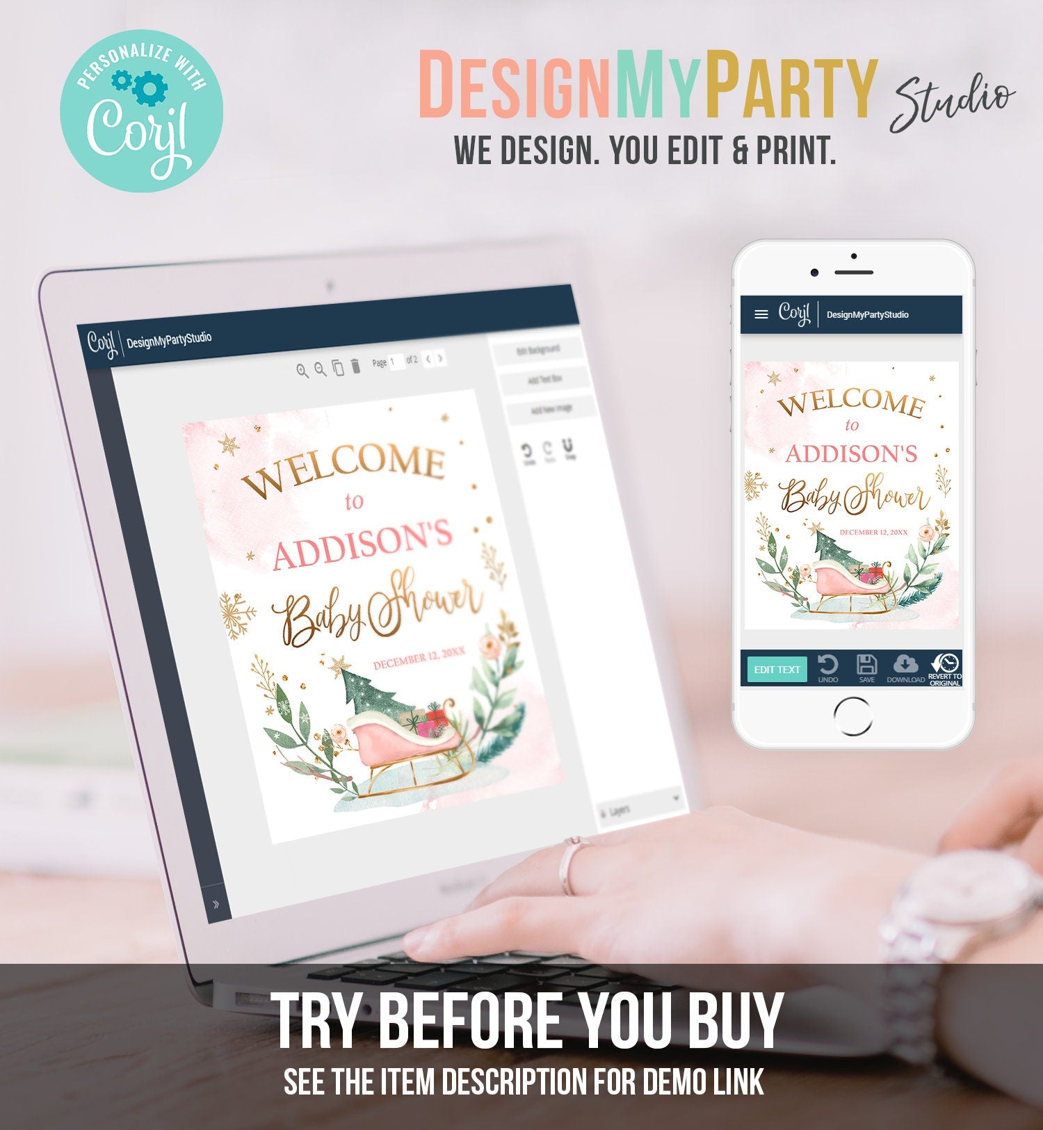 Editable Winter Baby Shower Welcome Sign Sleigh Baby Its Cold Outside Welcome Girl Pink Gold Christmas Sign Template PRINTABLE Corjl 0353