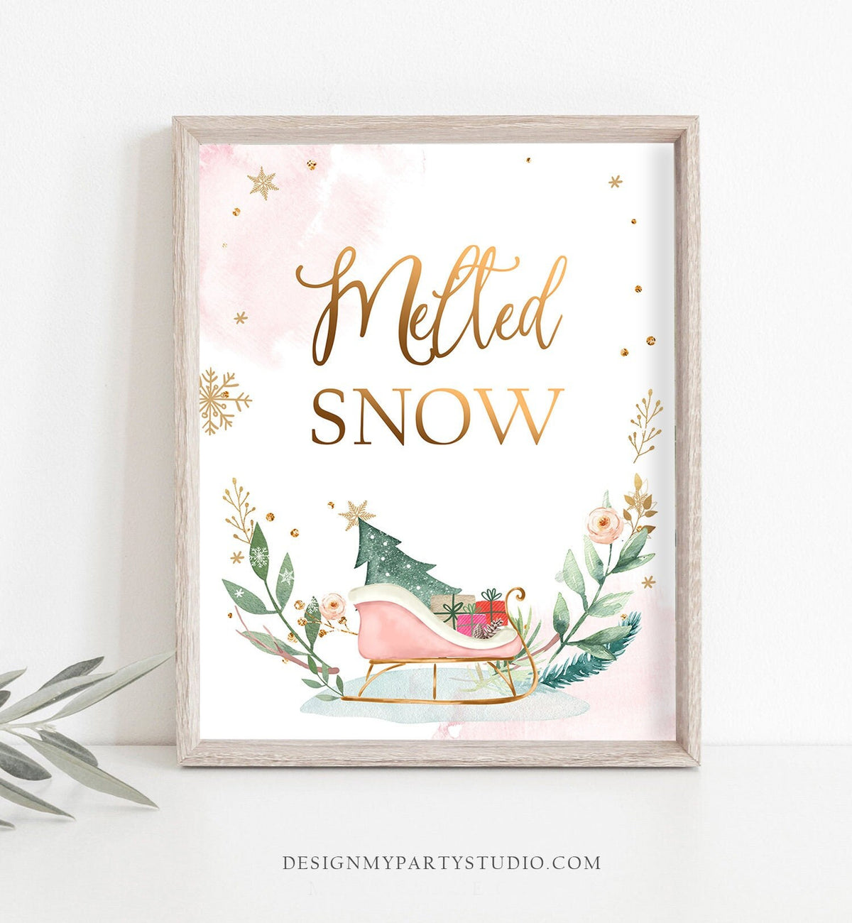 Melted Snow Sign Drinks Table Sleigh Winter Onederland First Birthday Party Wonderland Girl Pink Gold Holidays Decor Digital Printable 0353