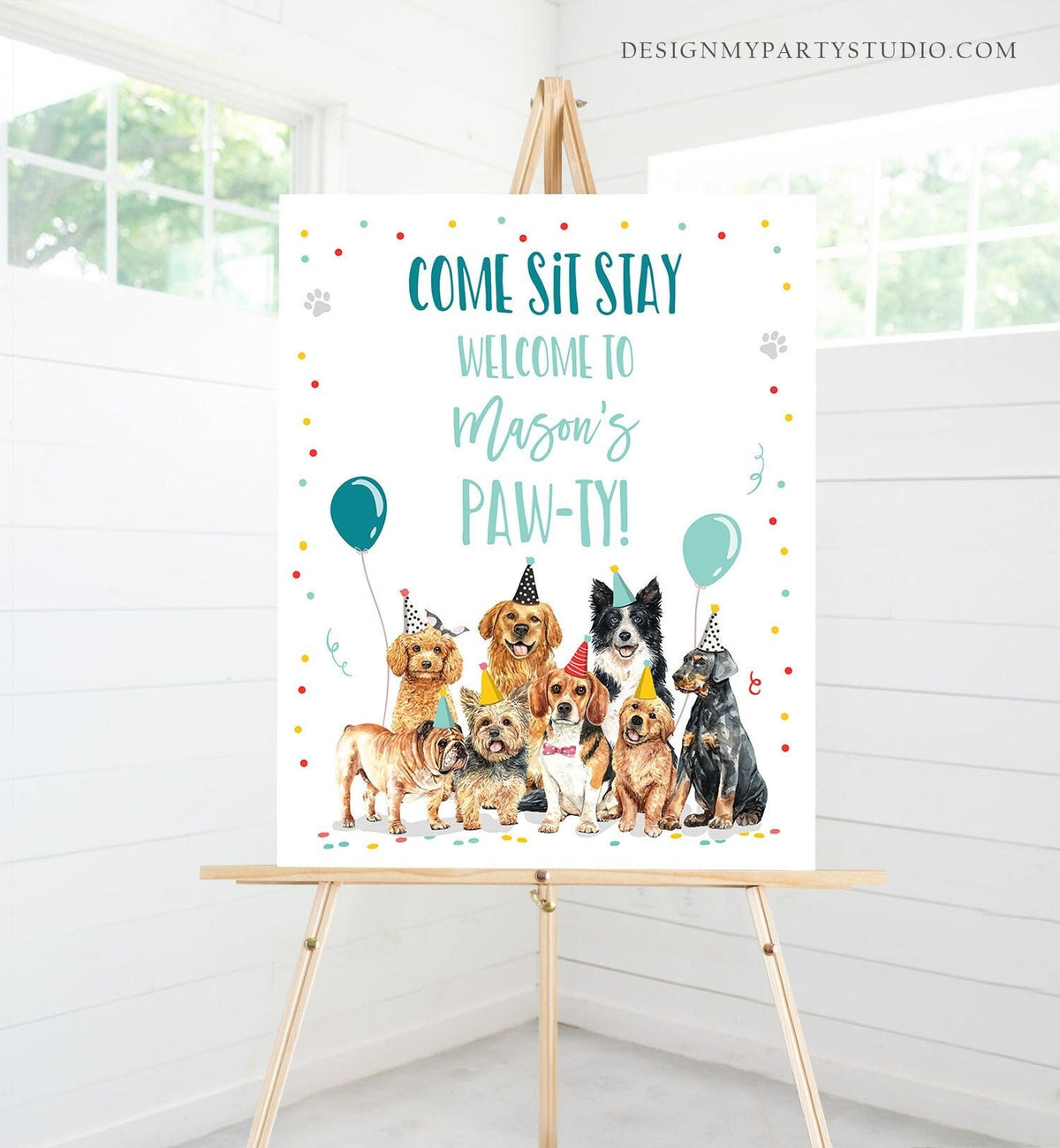 Editable Puppy Dog Birthday Party Welcome Sign Puppy Birthday Blue Pet Dog Come Sit Stay Paw-ty Boy Digital Download Template Printable 0384