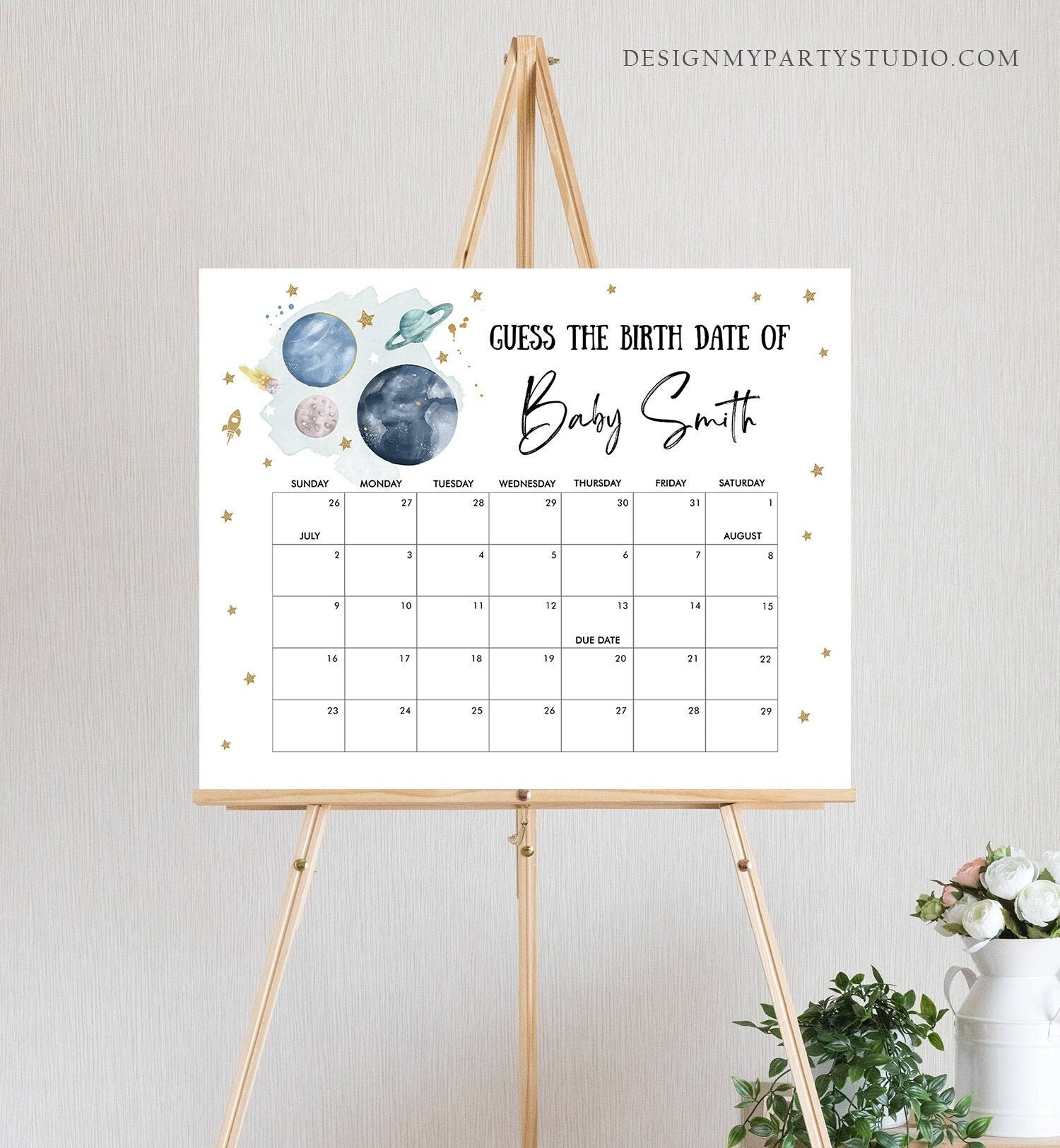 Editable Guess the Birth Date Baby Shower Game Guess Birthday Outer Space Astronaut Planets Galaxy Houston Corjl Template Printable 0357