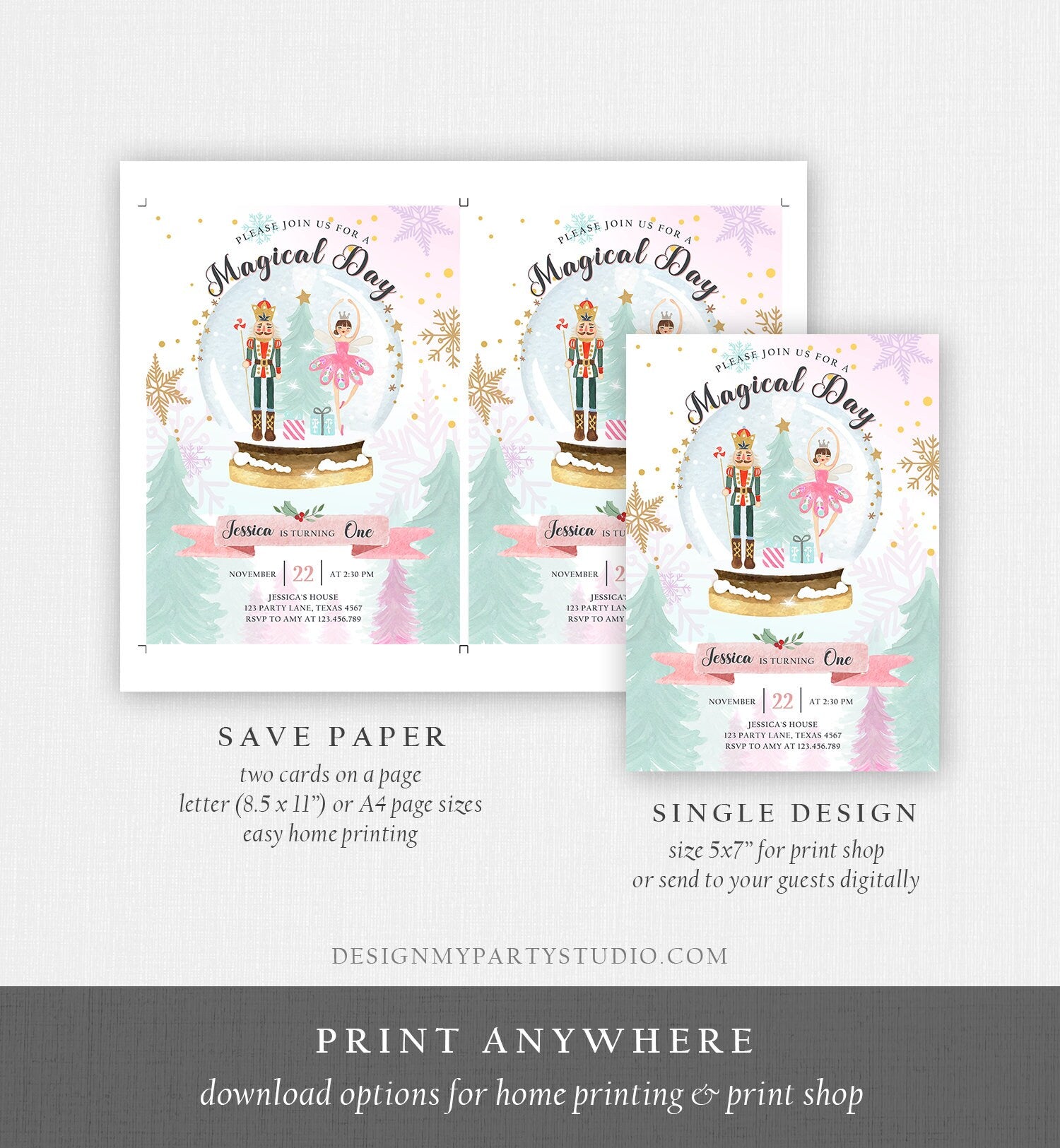 Editable Nutcracker Birthday Invitation Girl Land of Sweets Invite Winter Pink Girl Sugar Plum Fairy Download Printable Template Corjl 0352