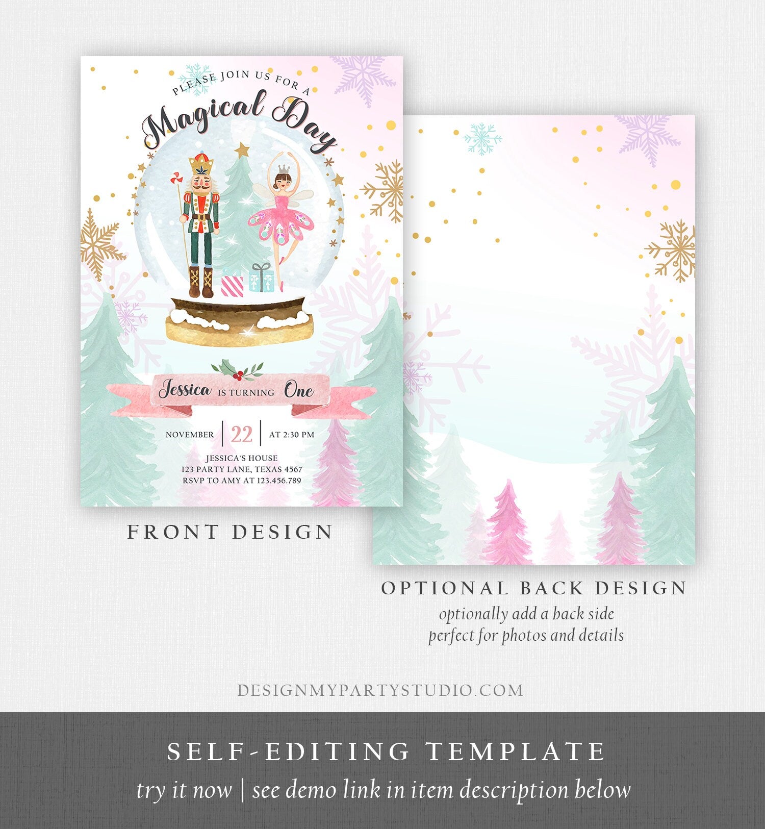 Editable Nutcracker Birthday Invitation Girl Land of Sweets Invite Winter Pink Girl Sugar Plum Fairy Download Printable Template Corjl 0352