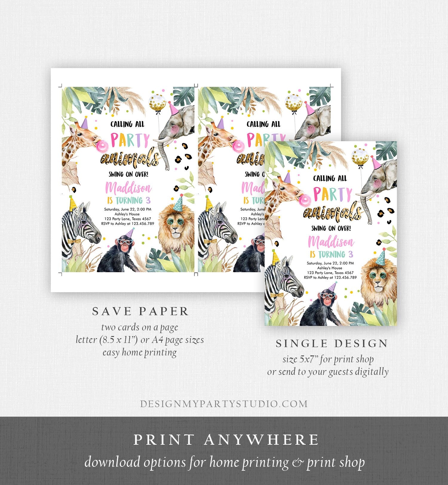 Editable Party Animals Birthday Invitation Leopard Print Safari Animals Zoo Birthday Party Girl Pink Download Printable Template Corjl 0417