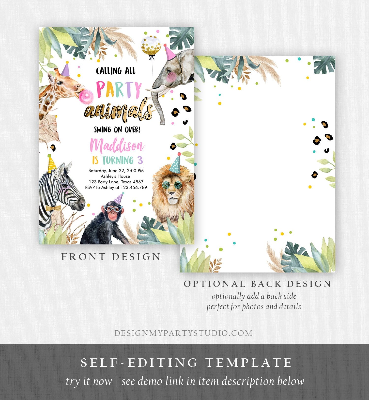 Editable Party Animals Birthday Invitation Leopard Print Safari Animals Zoo Birthday Party Girl Pink Download Printable Template Corjl 0417