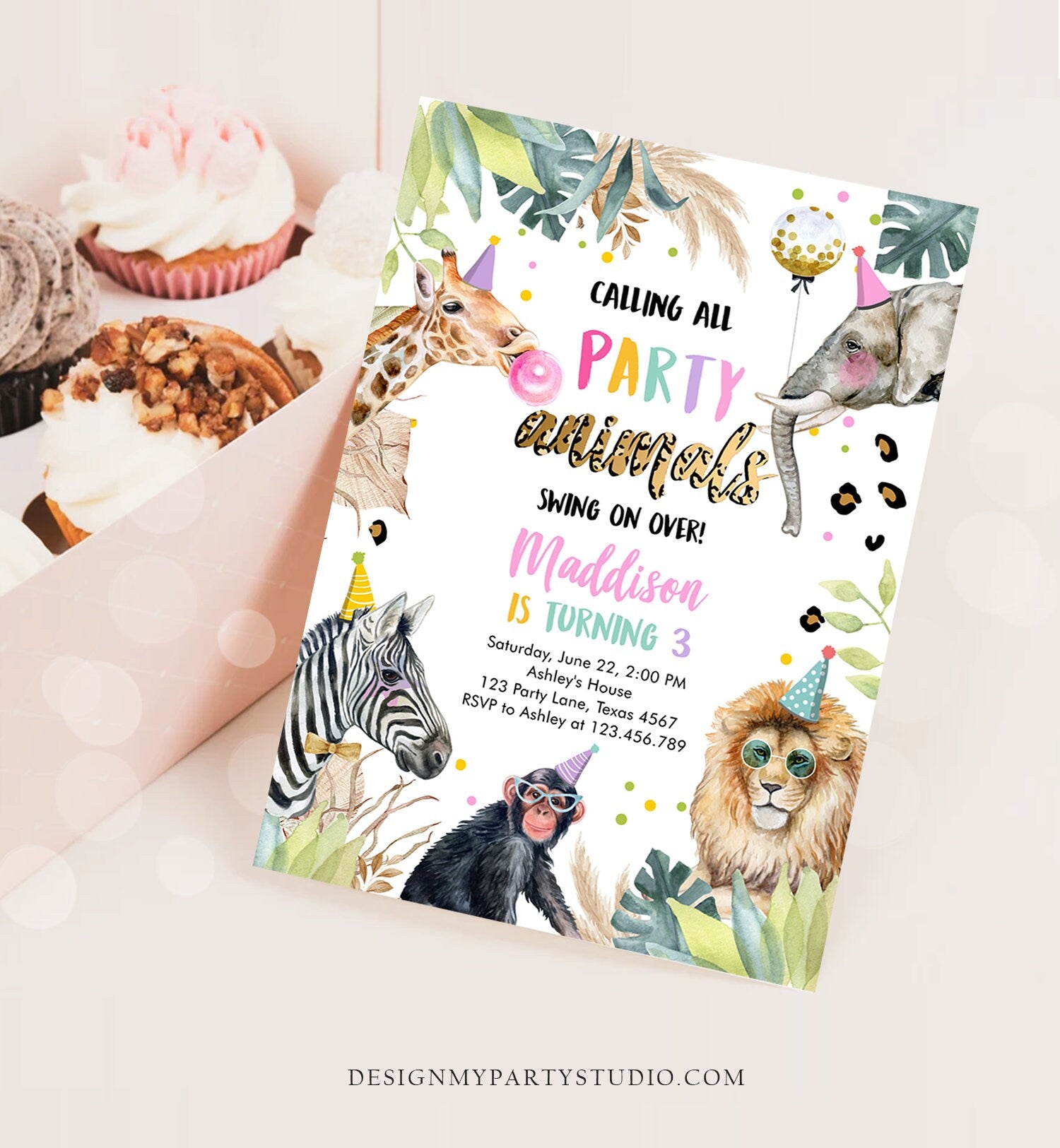 Editable Party Animals Birthday Invitation Leopard Print Safari Animals Zoo Birthday Party Girl Pink Download Printable Template Corjl 0417