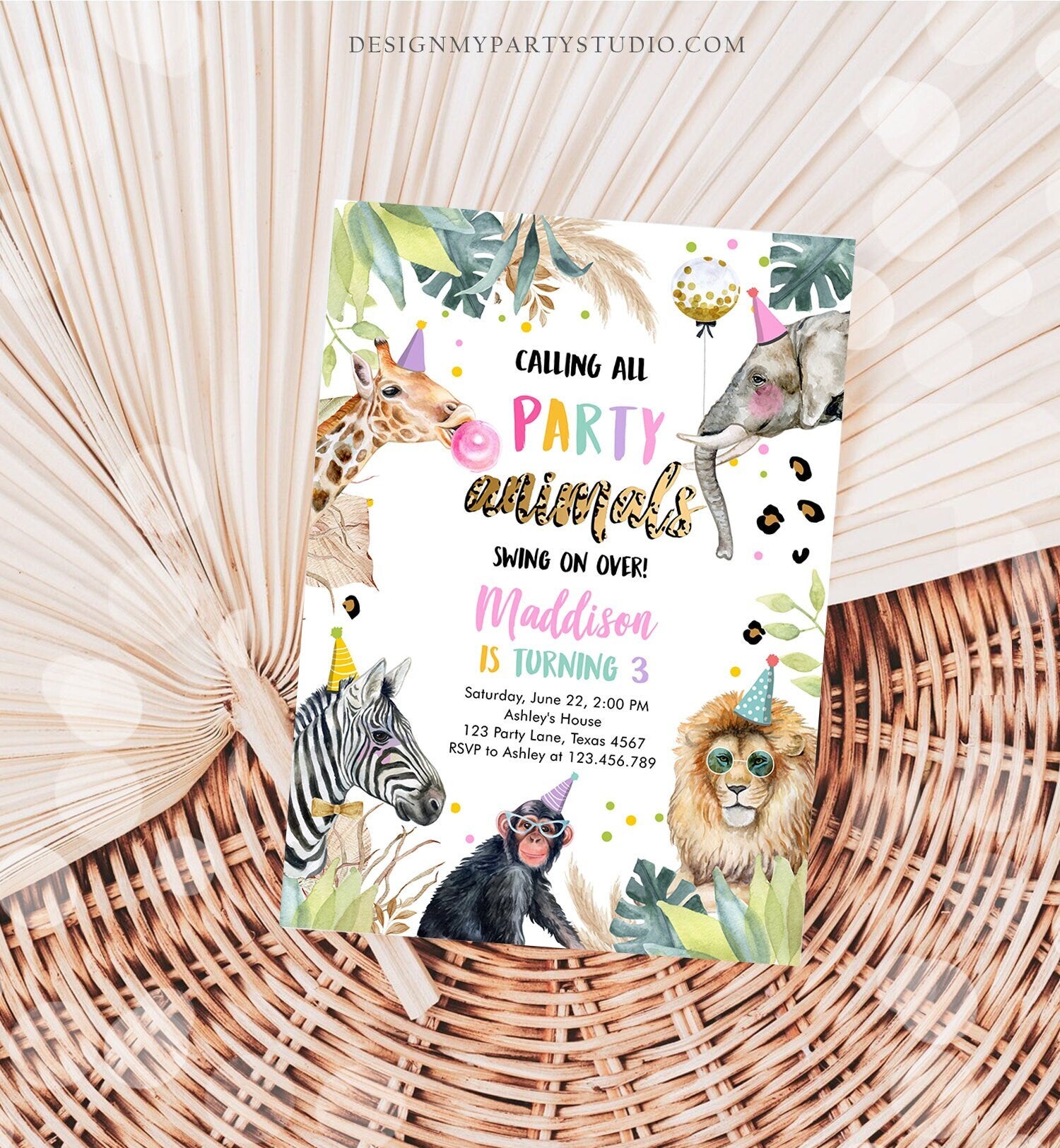 Editable Party Animals Birthday Invitation Leopard Print Safari Animals Zoo Birthday Party Girl Pink Download Printable Template Corjl 0417