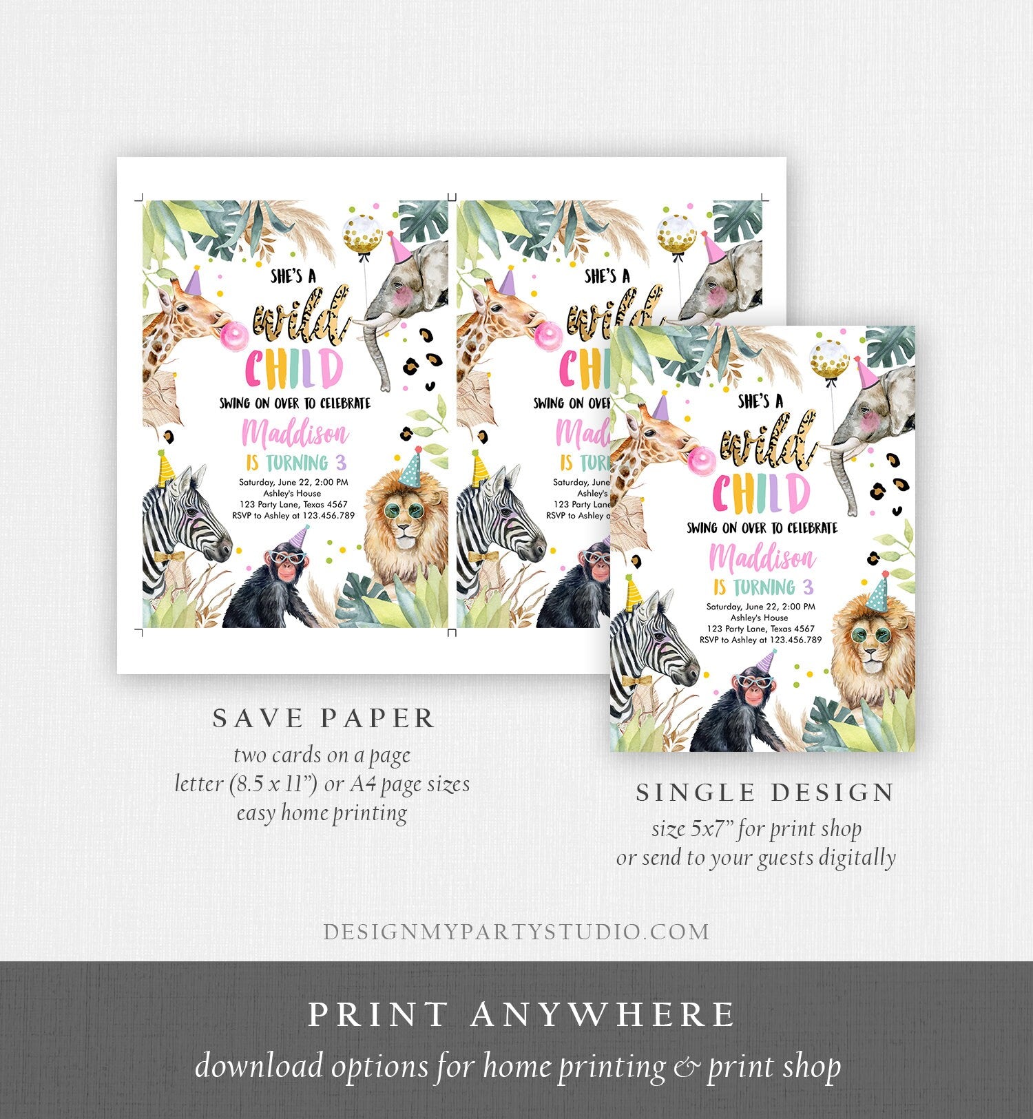 Editable Wild Child Birthday Invitation Leopard Print Safari Animals Birthday Party Animals Girl Digital Download Template Printable 0417