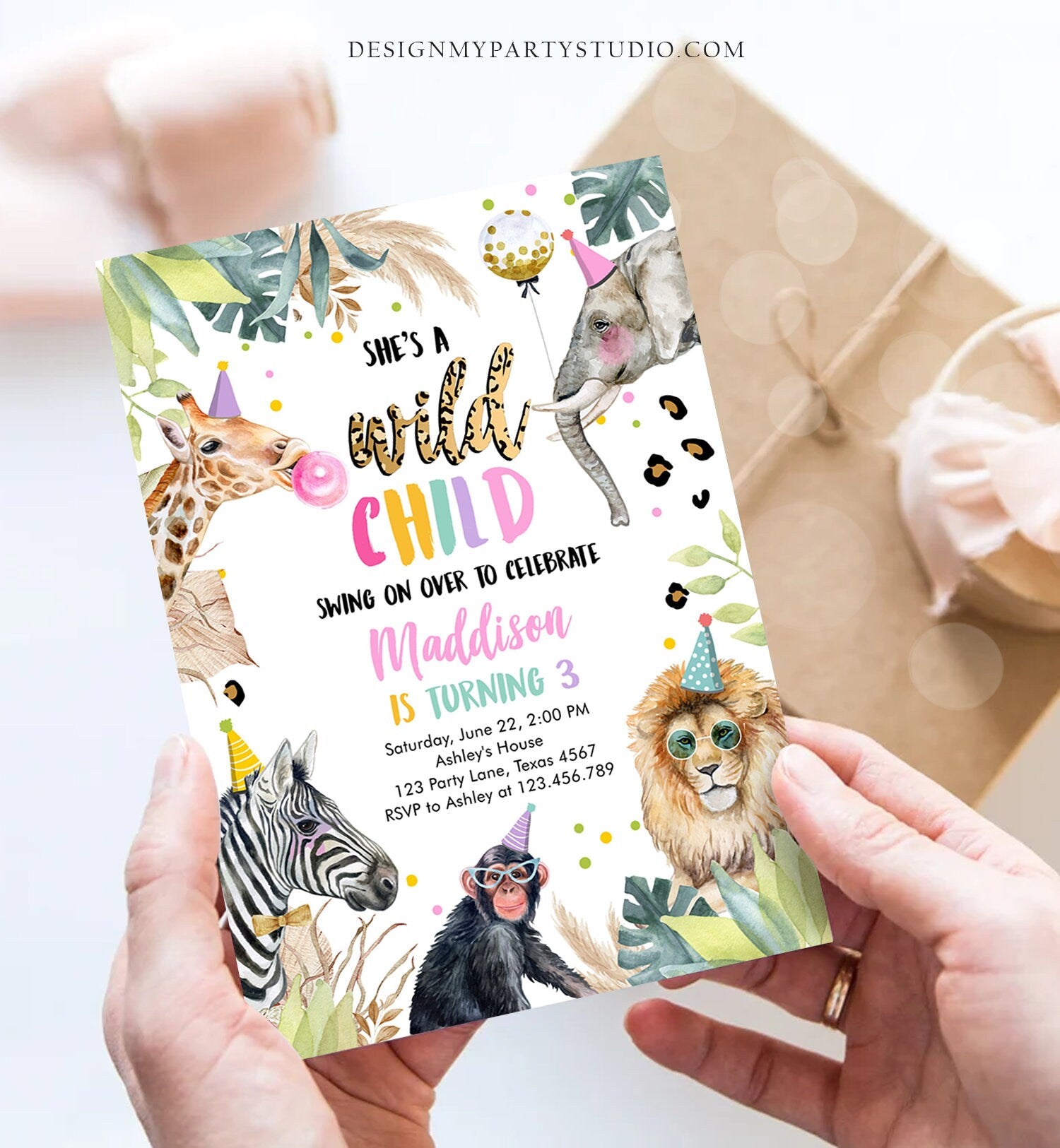 Editable Wild Child Birthday Invitation Leopard Print Safari Animals Birthday Party Animals Girl Digital Download Template Printable 0417