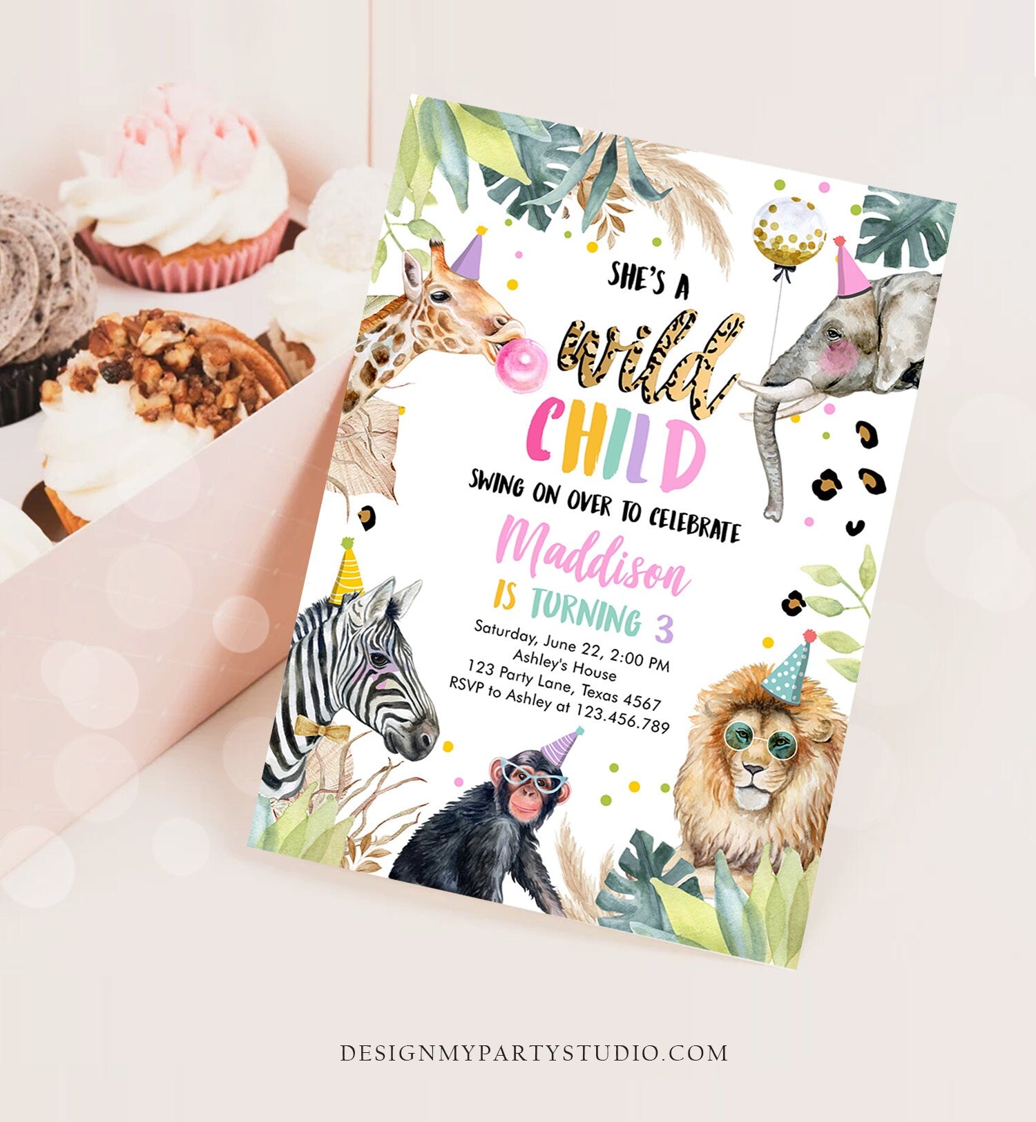 Editable Wild Child Birthday Invitation Leopard Print Safari Animals Birthday Party Animals Girl Digital Download Template Printable 0417