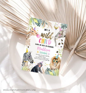 Editable Wild Child Birthday Invitation Leopard Print Safari Animals Zoo Birthday Party Animals Girl Download Printable Template Corjl 0417