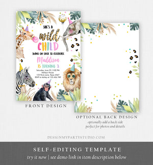 Editable Wild Child Birthday Invitation Leopard Print Safari Animals Zoo Birthday Party Animals Girl Download Printable Template Corjl 0417