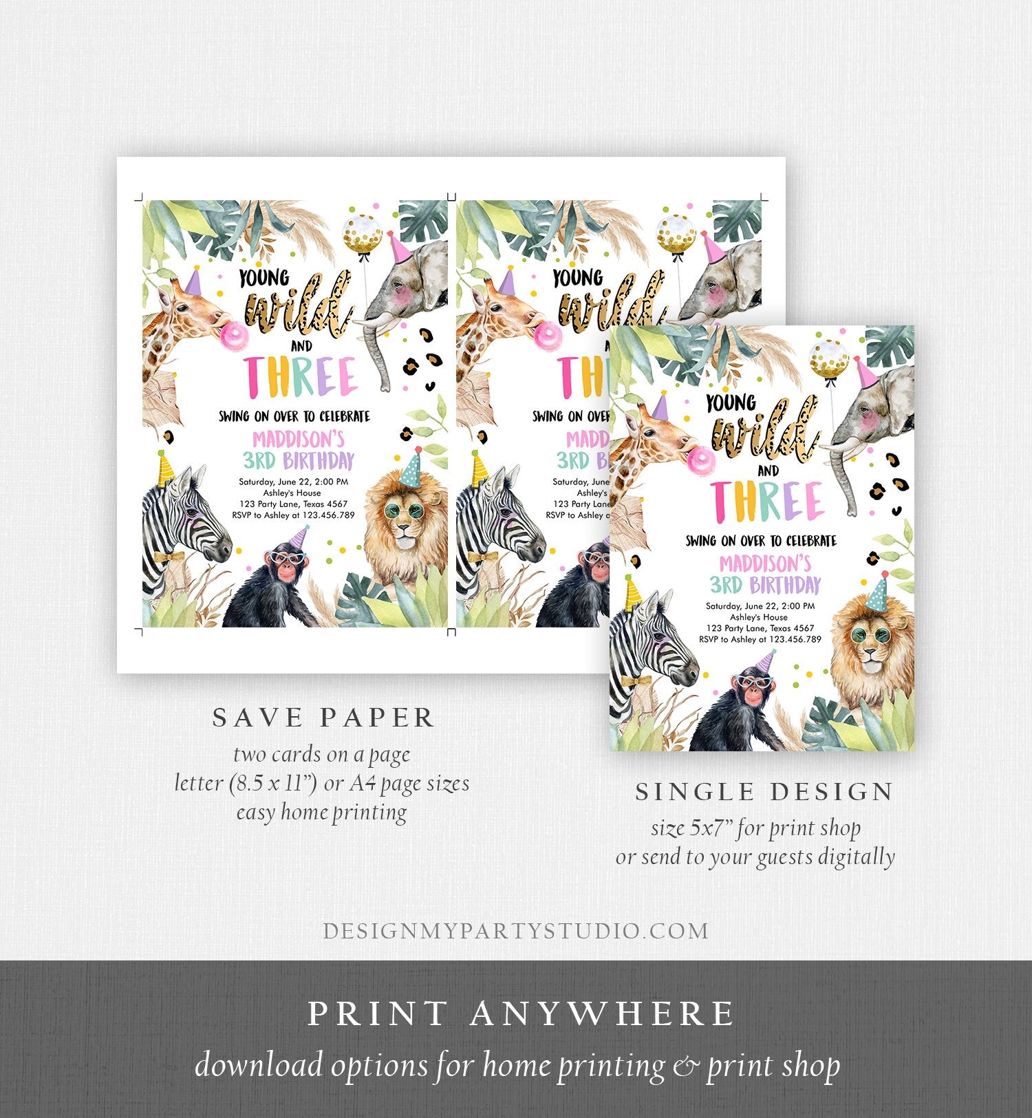 Editable Young Wild and Three Invitation Girl Pink and Gold Safari Animals Zoo Instant Download Printable Template Digital Corjl 0417