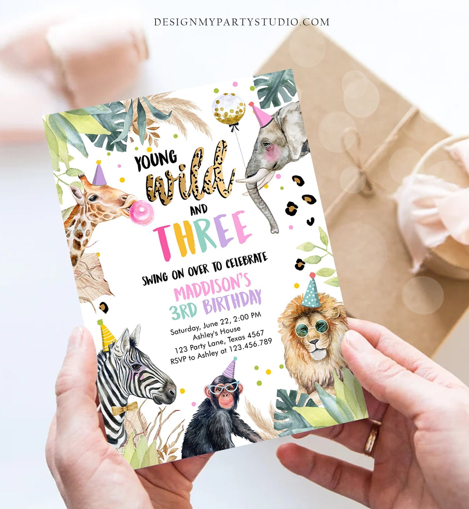 Editable Young Wild and Three Invitation Girl Pink and Gold Safari Animals Zoo Instant Download Printable Template Digital Corjl 0417