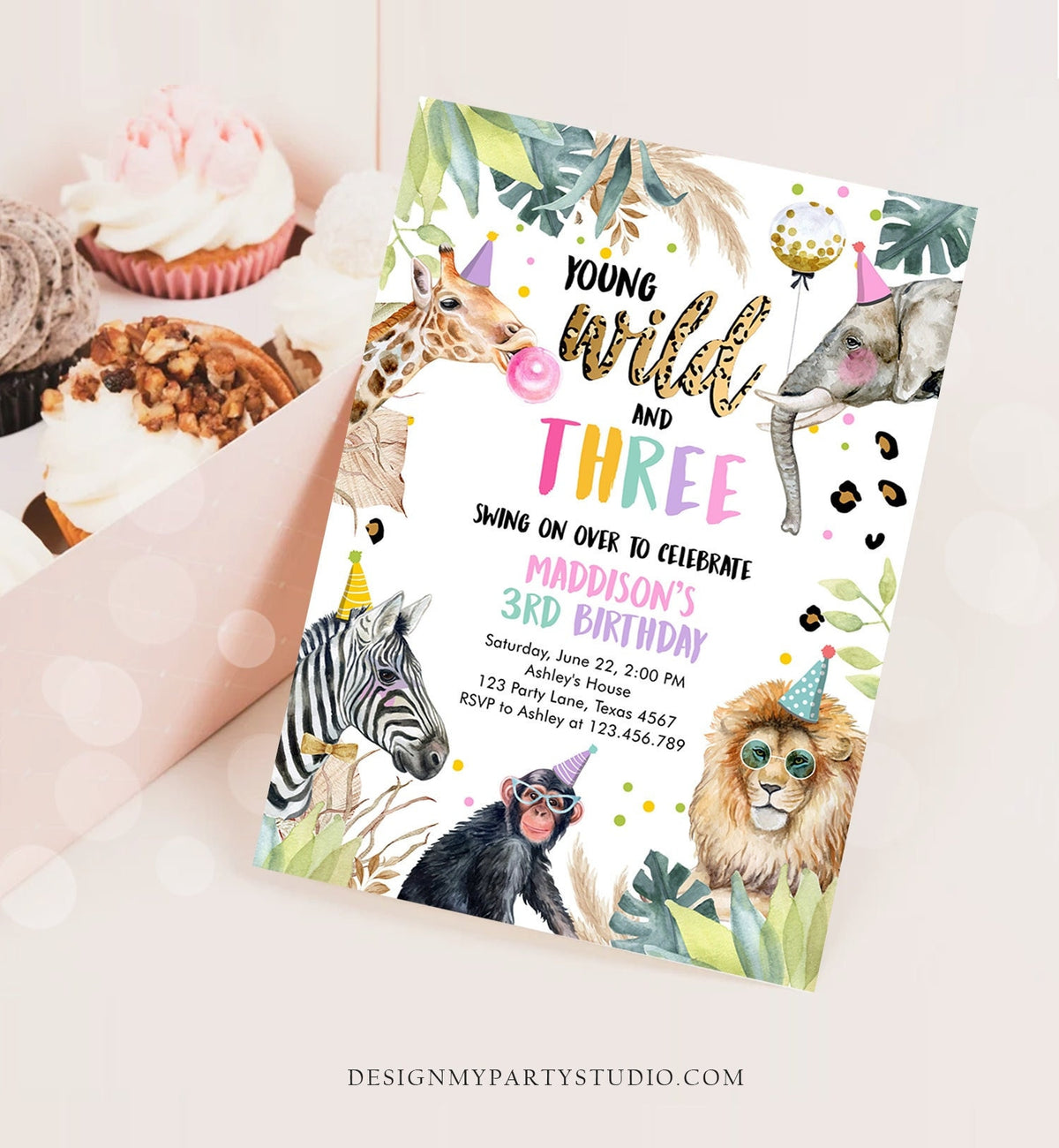 Editable Young Wild and Three Invitation Girl Pink and Gold Safari Animals Zoo Instant Download Printable Template Digital Corjl 0417