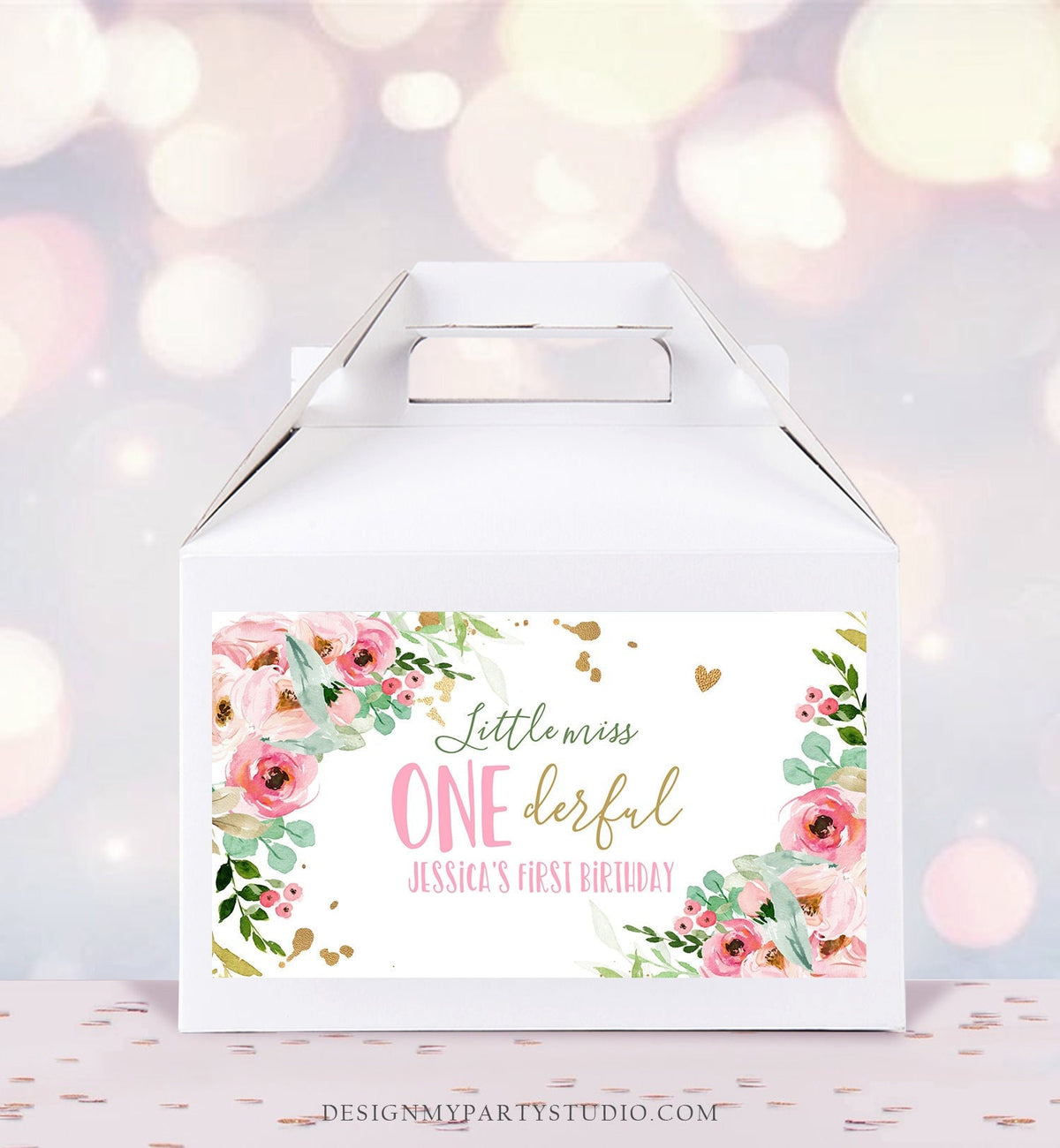 Editable Little Miss Onederful Gable Gift Box Label 1st Birthday Girl Treat Box Label Floral Pink Gold Wild Download Printable Corjl 0147