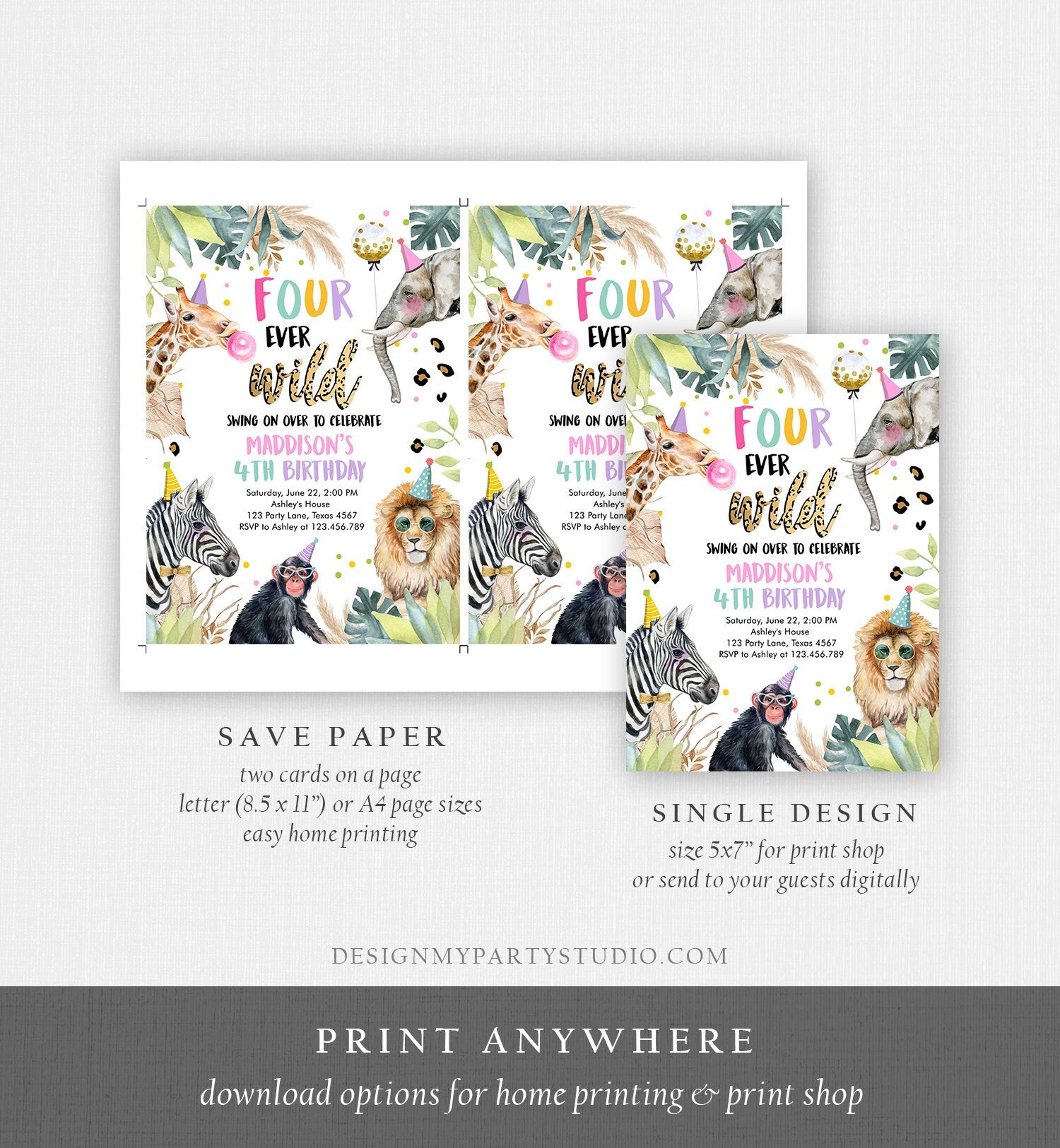 Editable Four Ever Wild Birthday Invitation Leopard Safari Animals Zoo 4th Birthday Party Animals Download Printable Template Corjl 0417