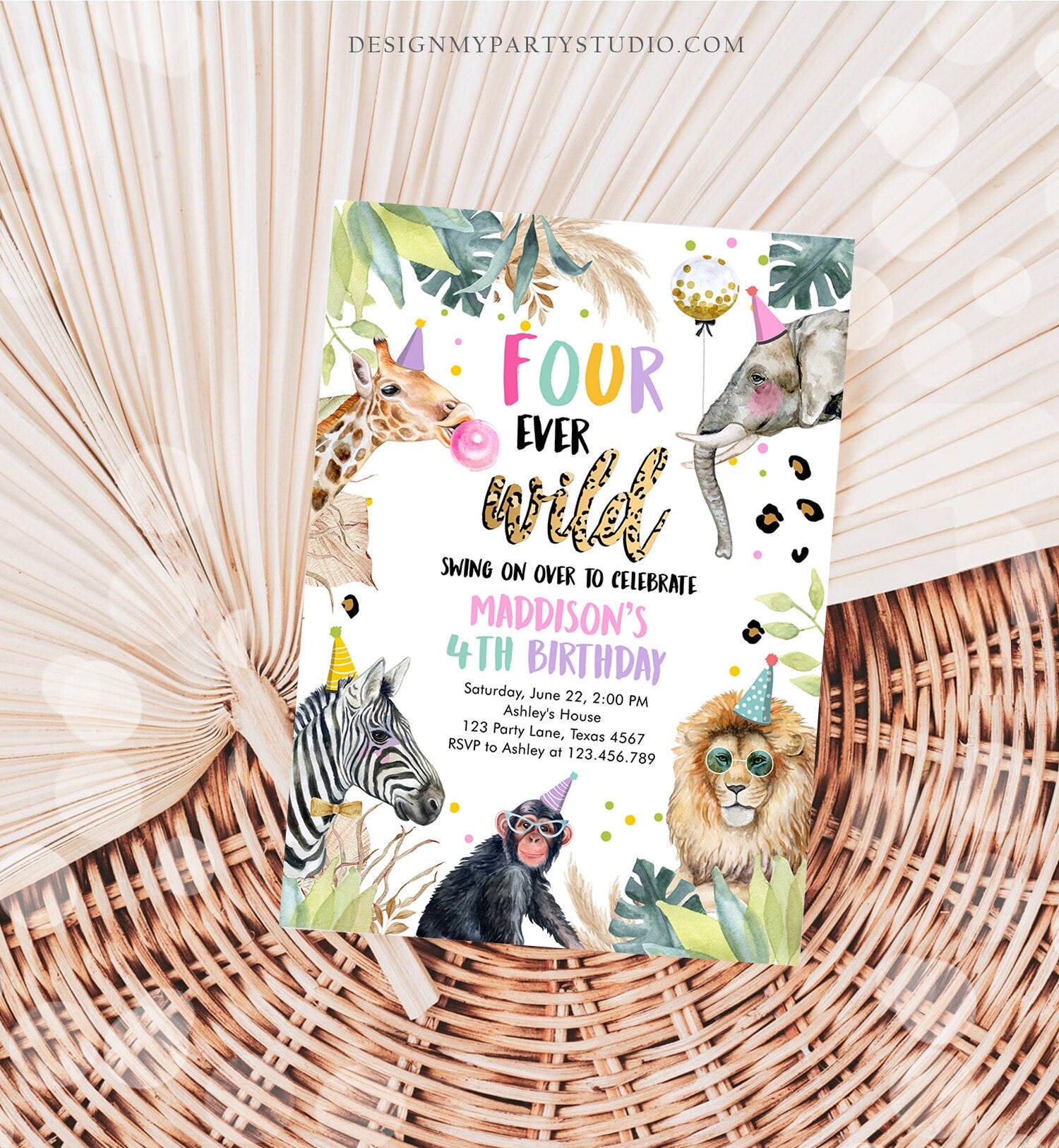 Editable Four Ever Wild Birthday Invitation Leopard Safari Animals Zoo 4th Birthday Party Animals Download Printable Template Corjl 0417