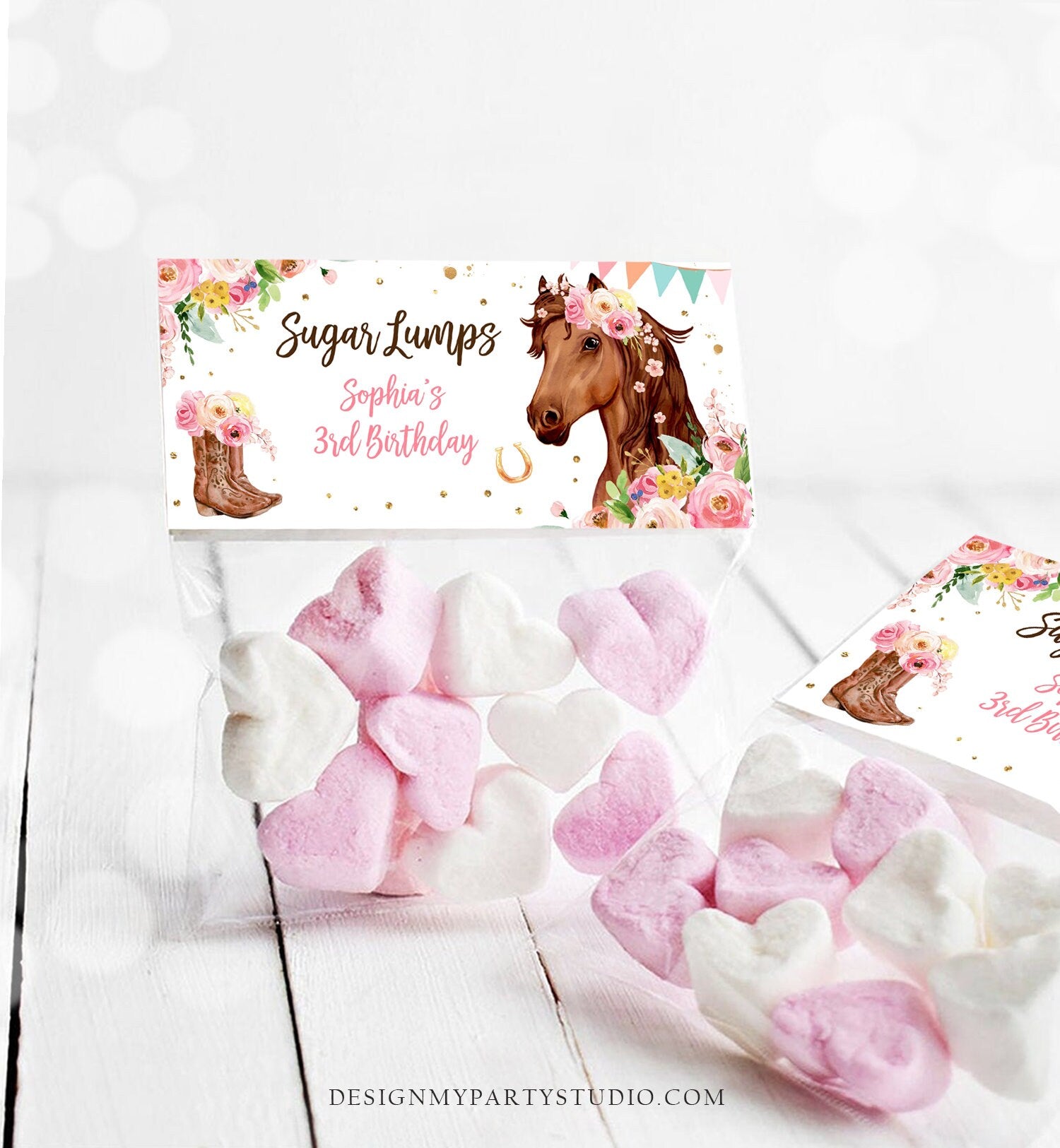 Editable Horse Treat Bag Toppers Horse Birthday Favors Girl Horse Party Favor Tags Cowgirl Pink Floral Digital Template Printable 0408