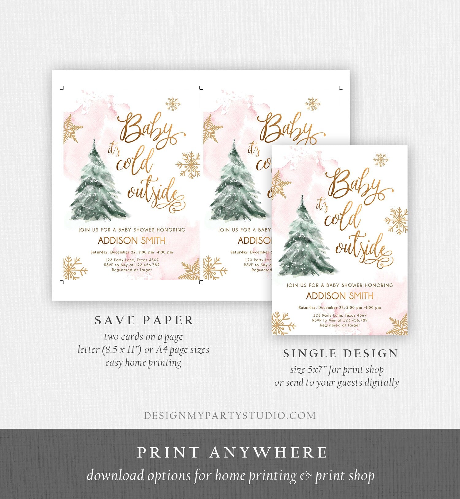 Editable Baby Its Cold Outside Baby Shower Invitation Winter Baby Shower Girl Blush Pink Gold Watercolor Tree Template Download Corjl 0363