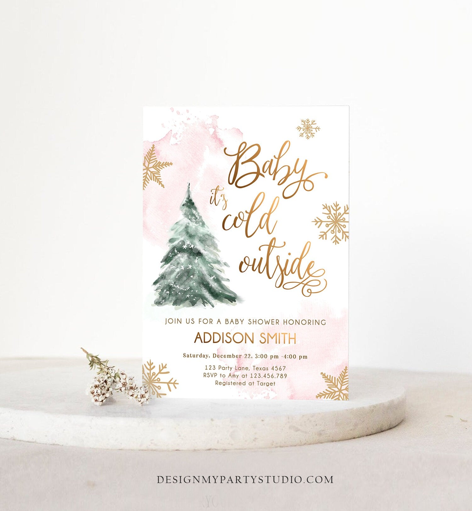 Editable Baby Its Cold Outside Baby Shower Invitation Winter Baby Shower Girl Blush Pink Gold Watercolor Tree Template Download Corjl 0363